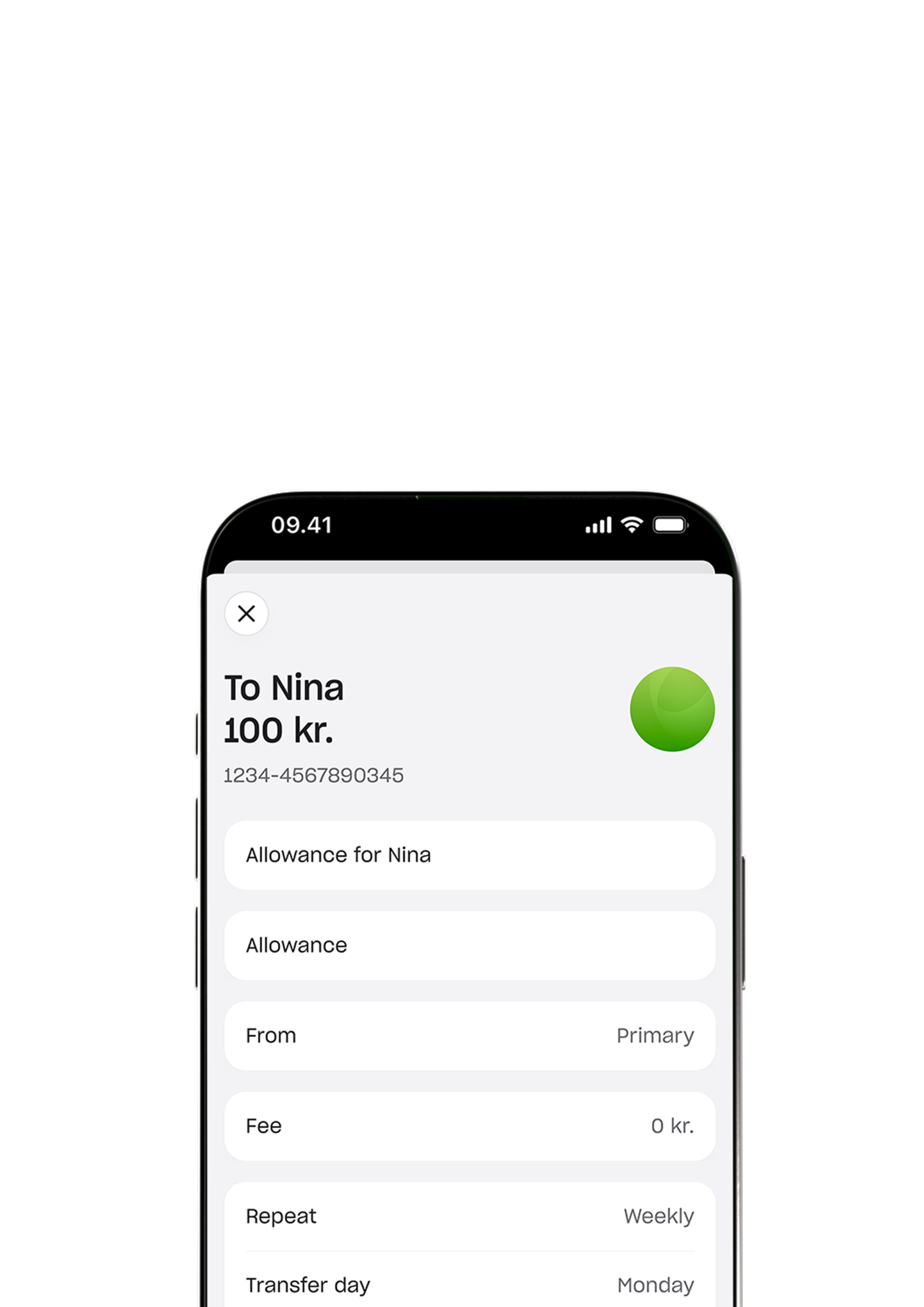  A screenshot of a mobile app for setting up a recurring weekly allowance payment of 100 kr. to a recipient named Nina.