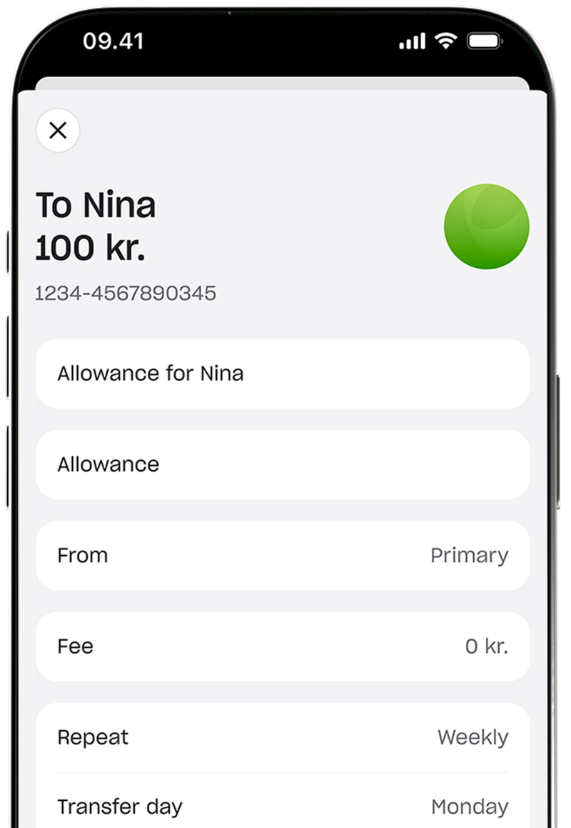A screenshot of a mobile app for setting up a recurring weekly allowance payment of 100 kr. to a recipient named Nina.