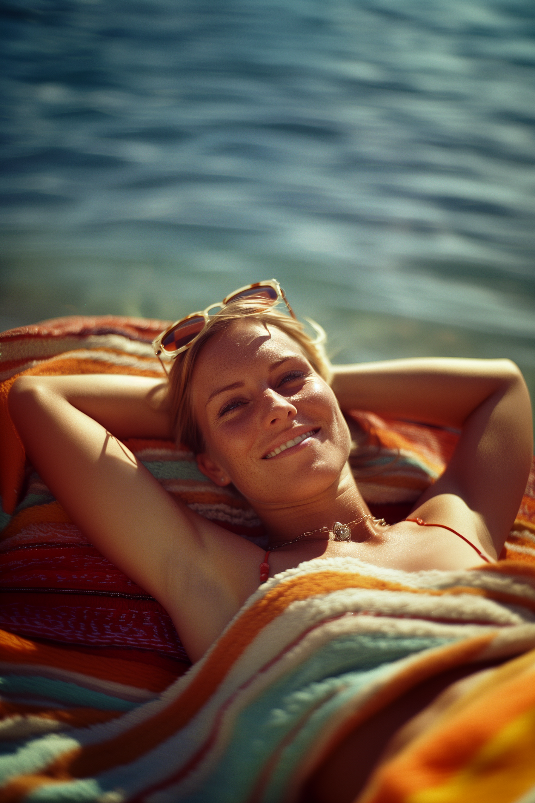 A woman smiles warmly as she relaxes on a colorful striped beach towel with her hands behind her head. The sea is visible in the background, and she has sunglasses resting on her hair.