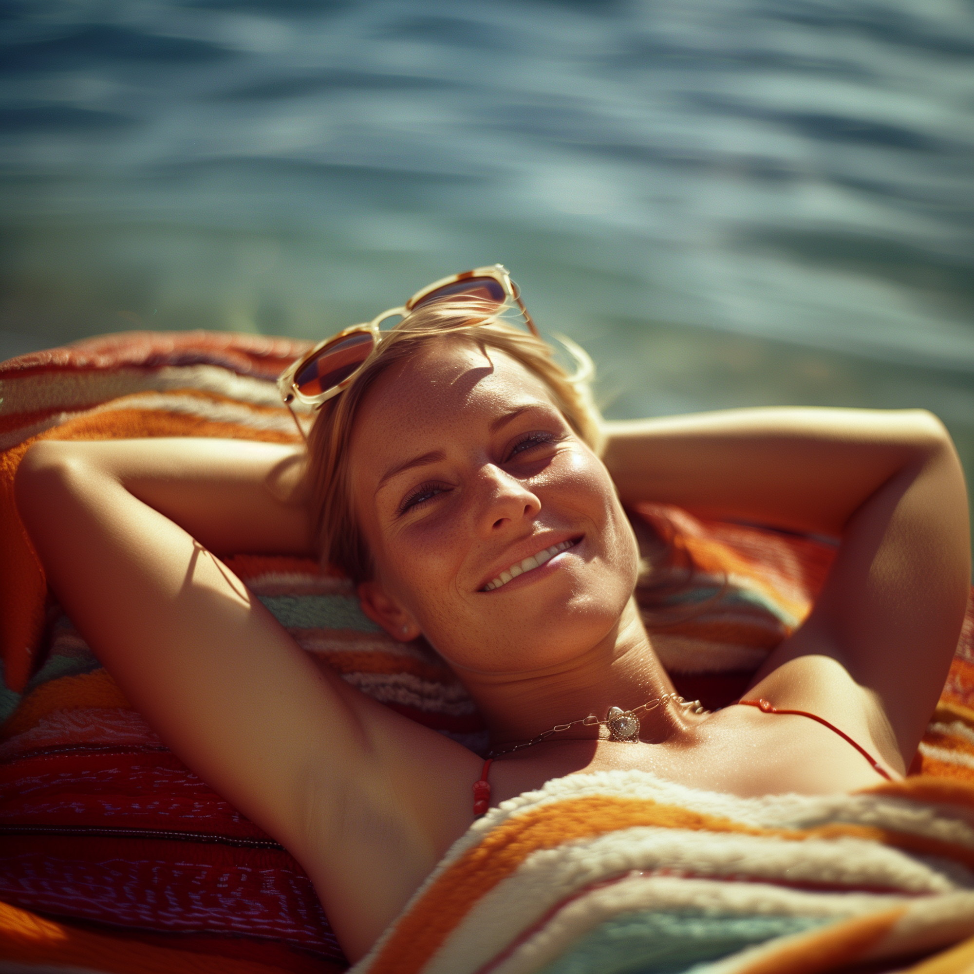 A woman smiles warmly as she relaxes on a colorful striped beach towel with her hands behind her head. The sea is visible in the background, and she has sunglasses resting on her hair.