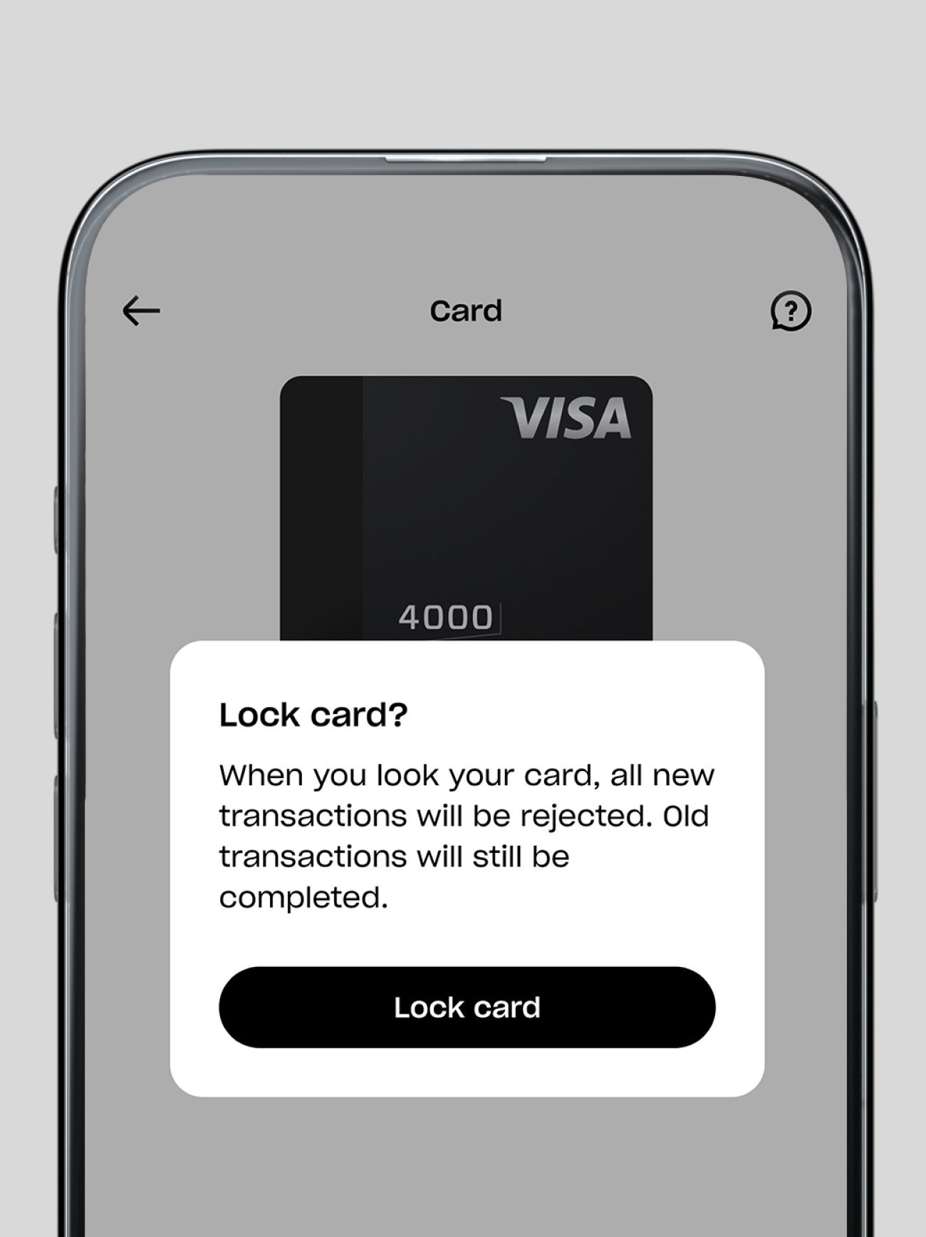 A screenshot of a mobile app showing a prompt to lock a digital Visa card, explaining the consequences and providing a "Lock card" button.