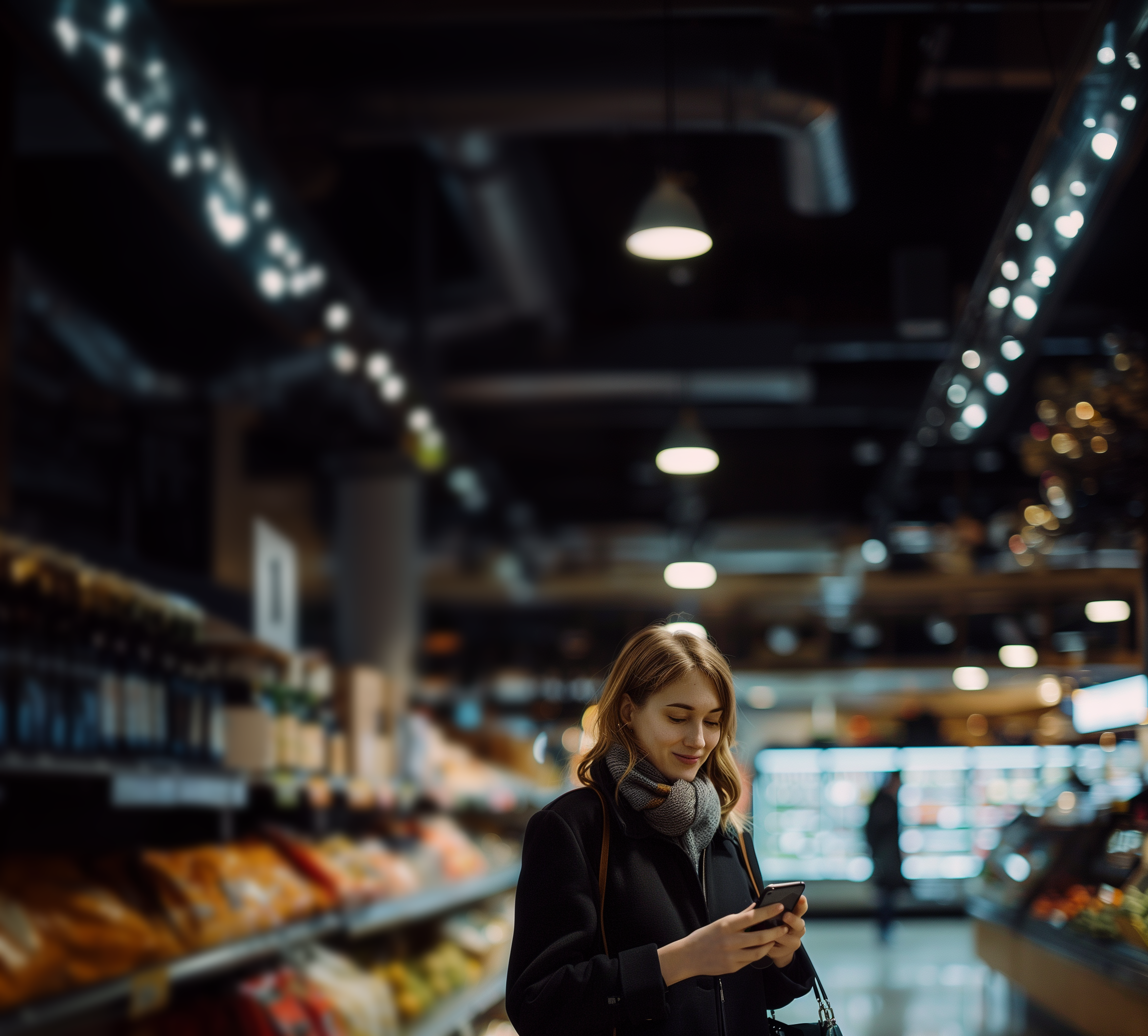 A woman in a coat and scarf smiles as she looks at her smartphone while standing in the aisle of a grocery store.
