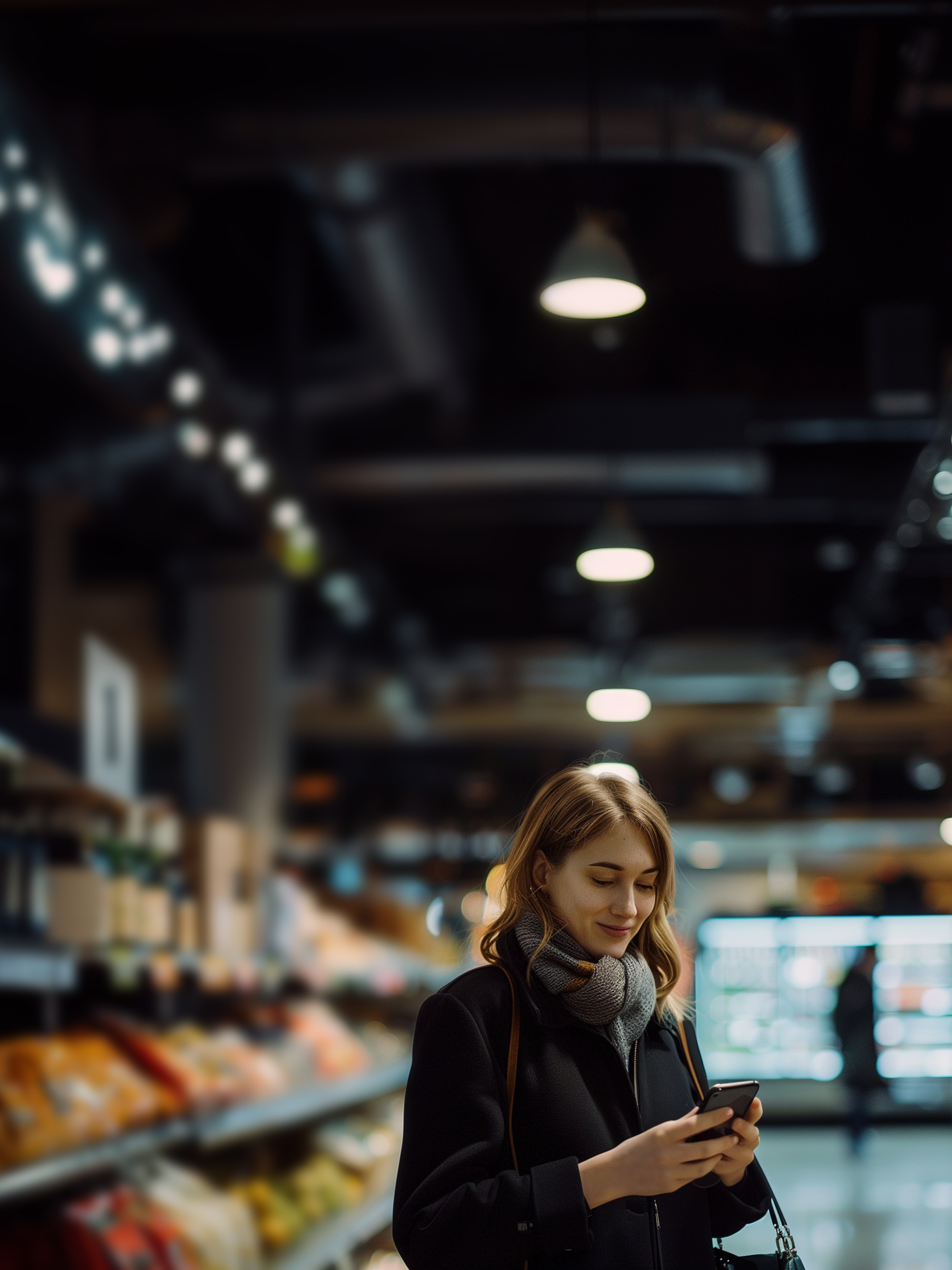 A woman in a coat and scarf smiles as she looks at her smartphone while standing in the aisle of a grocery store.