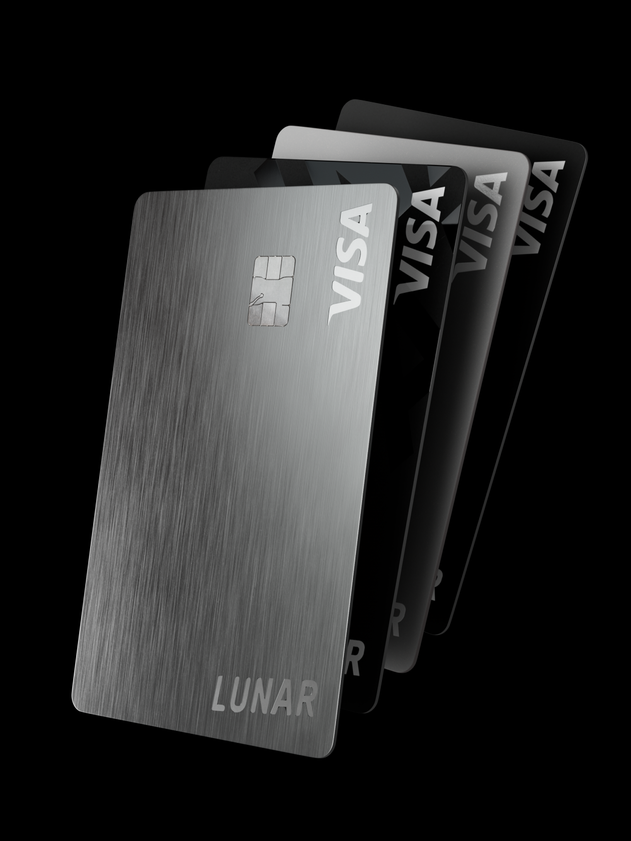A fanned-out selection of four different Lunar Visa cards, with a brushed metal card in the front, all displayed against a black background.