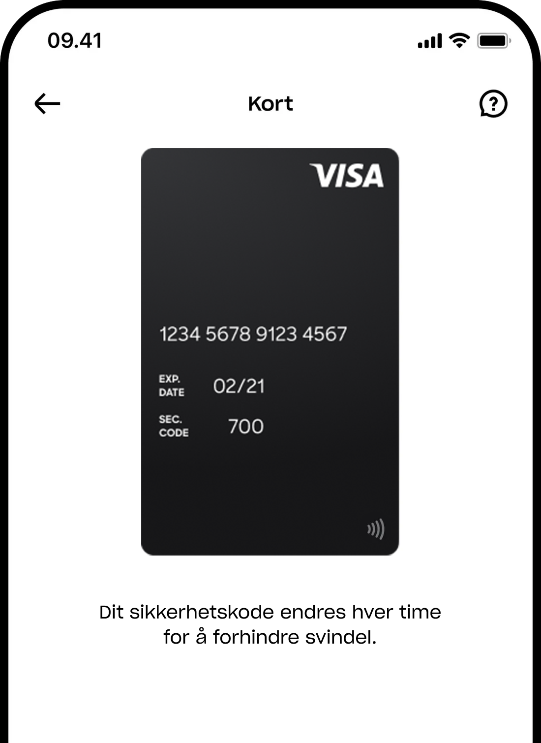 Et skjermbilde av en mobilapp som viser et digitalt Visa-korts fulle nummer og en merknad som forklarer at sikkerhetskoden endres hver time for å forhindre svindel.