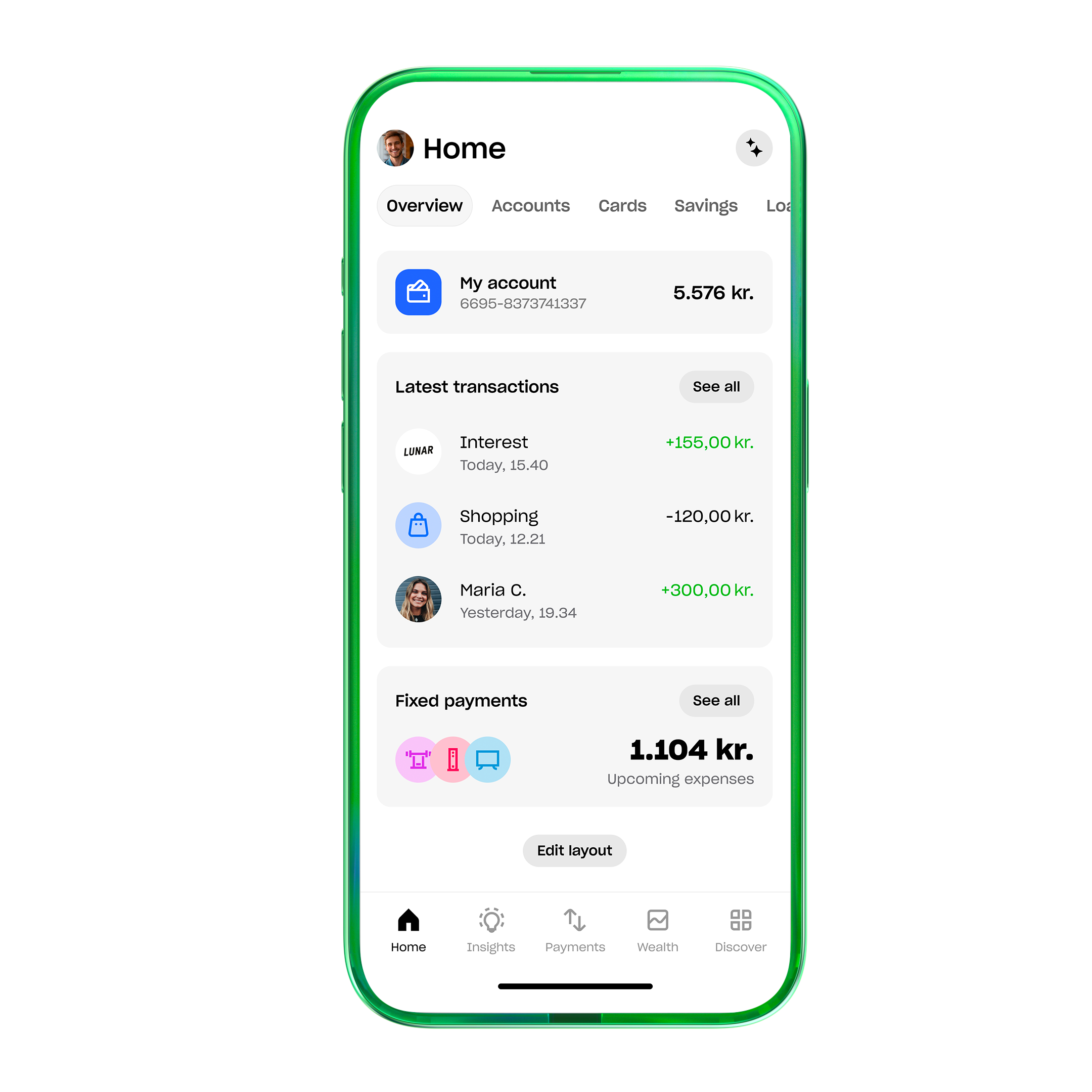 Skjermbilde av Lunars startskjerm, som viser en nylig rentebetaling på +24 kr øverst i transaksjonslisten.