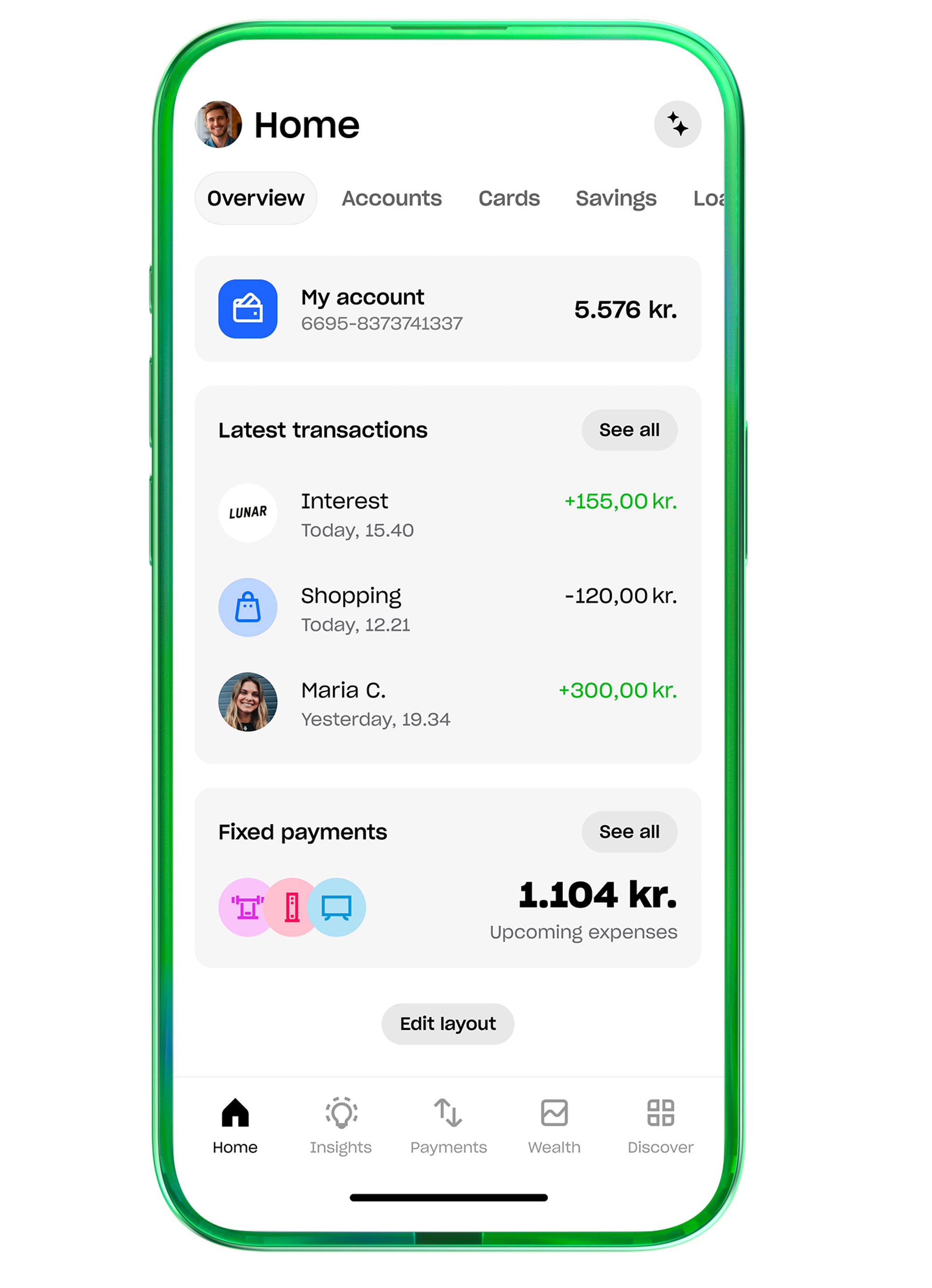 A screenshot of a mobile banking app's "Home" screen in English. It shows an account balance, a list of latest transactions including an interest payment, and a summary of upcoming fixed payments.
