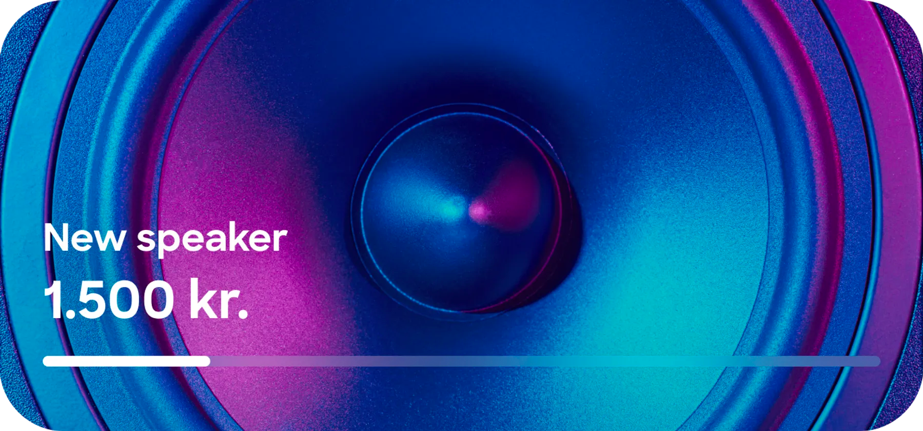 A savings goal for a "New speaker" at 1,500 kr. shown over a colorful close-up image of a speaker, with a partially filled progress bar underneath.