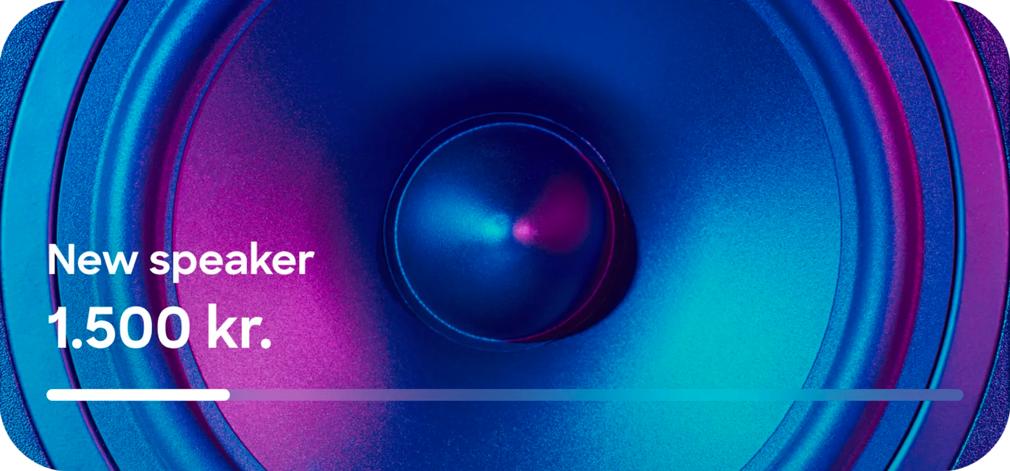 A savings goal for a "New speaker" at 1,500 kr. shown over a colorful close-up image of a speaker, with a partially filled progress bar underneath.