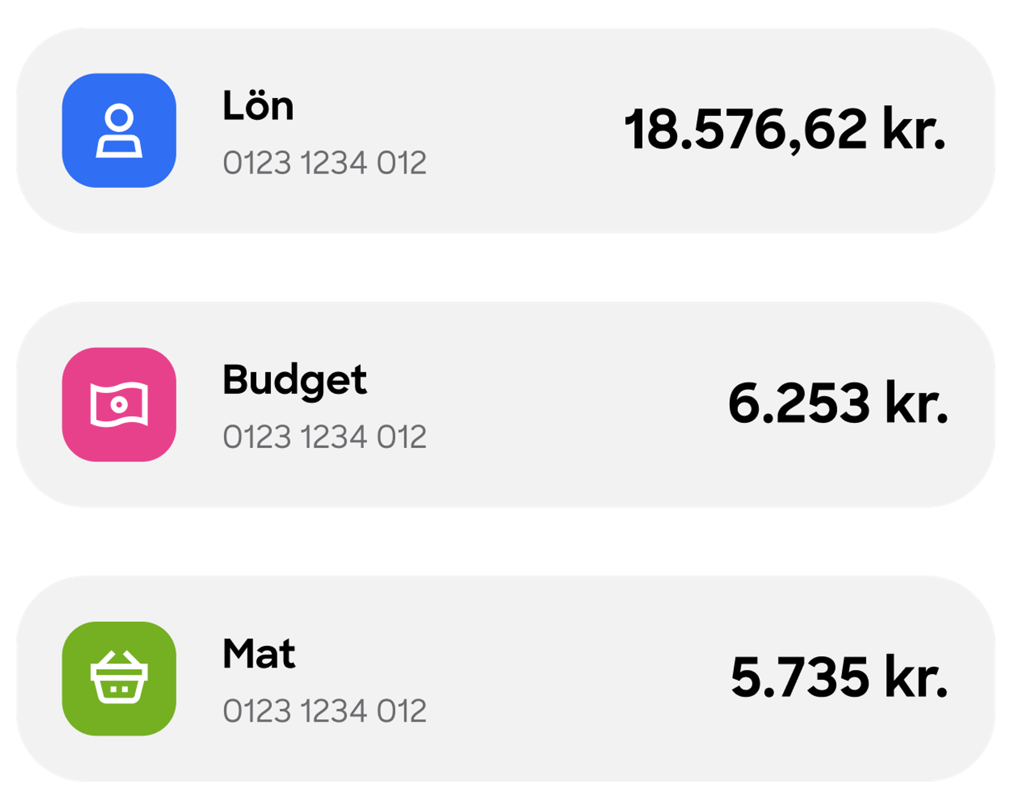 Ett UI-element som visar en översikt över tre konton: Salary (Lön), Budget och Food (Mat), var och en med sitt respektive saldo.