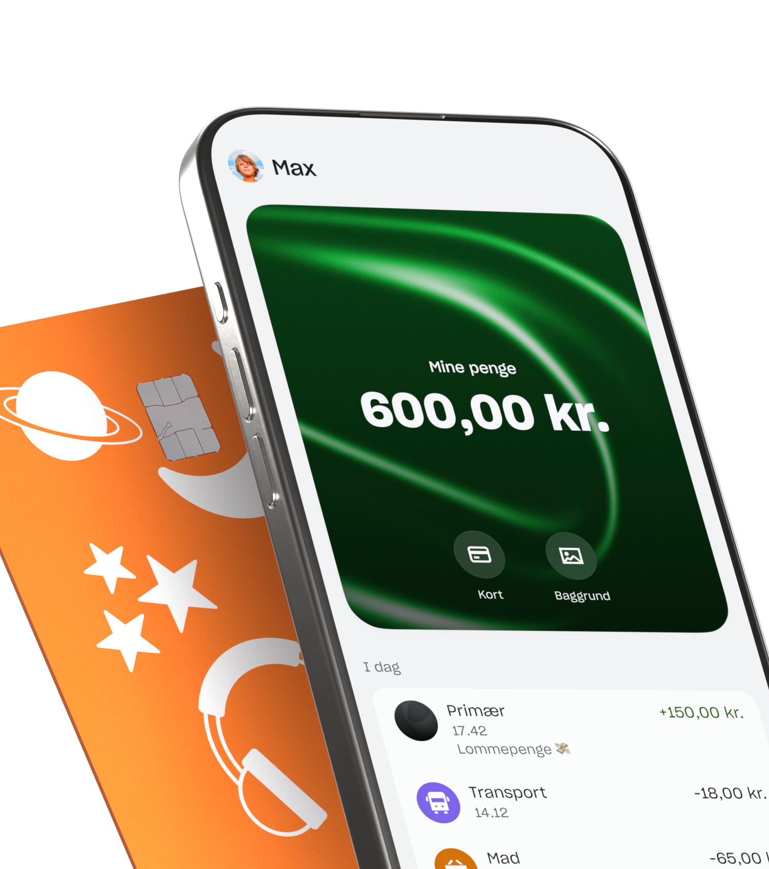 En smartphone, der viser en ungdomsbankkonto med saldo og transaktioner, vist ved siden af et fysisk orange betalingskort dekoreret med rum- og musikikoner.