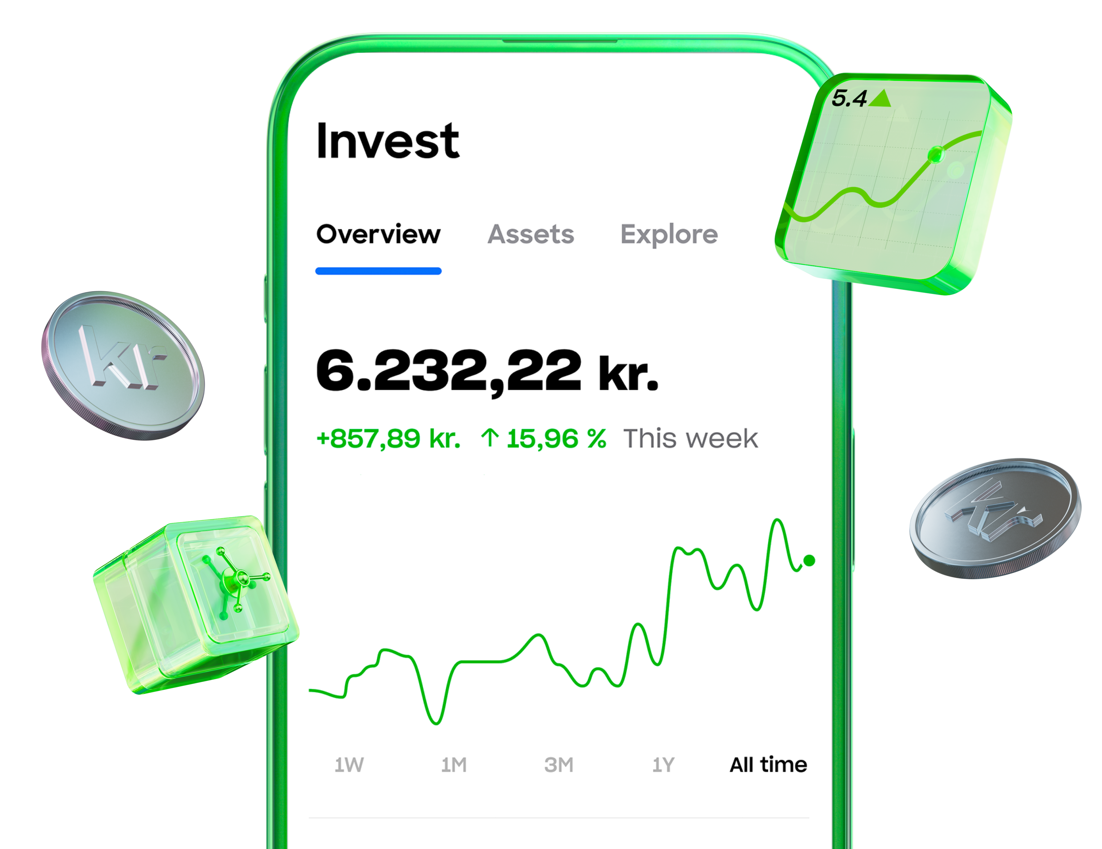 A screenshot of a mobile app's "Invest" screen, showing a portfolio value of 6,232.22 kr. and a positive performance graph. 3D icons of a safe, coins, and a graph float nearby.
