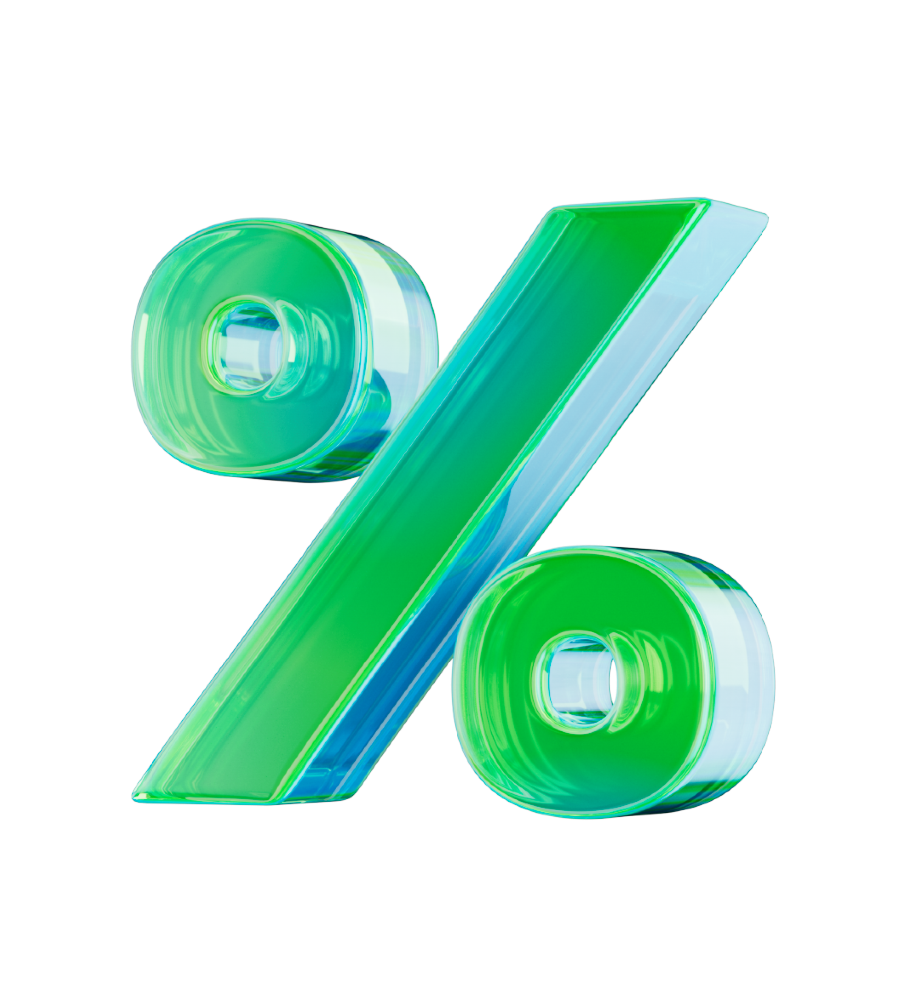 En 3D-grafik af et procenttegn (%) i et blankt, grønt og blåt glaslignende materiale.