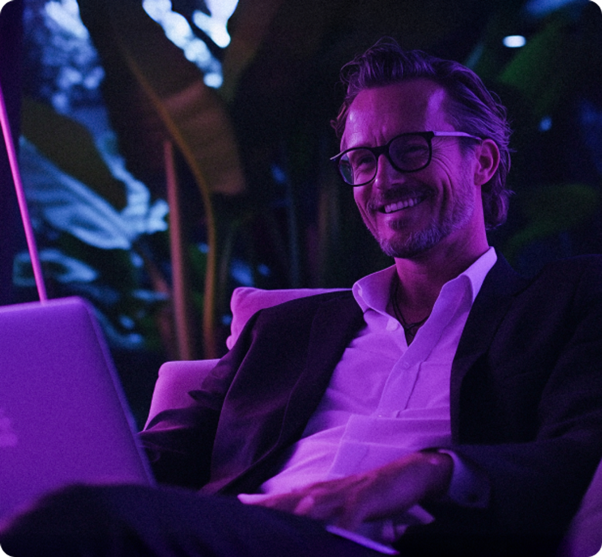 Moonrise man looking at computer suit smile