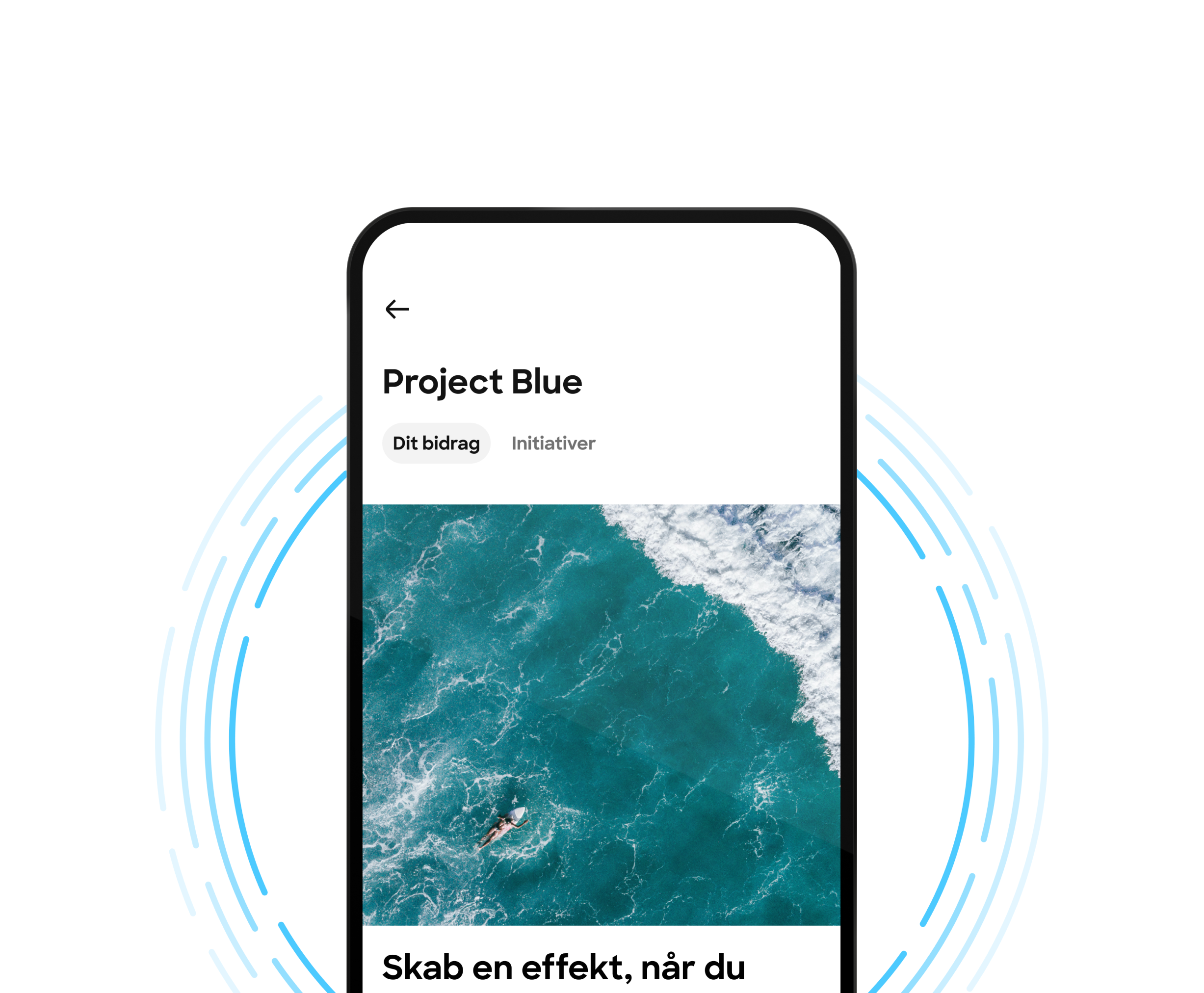 Et skærmbillede af en mobilapp for "Project Blue", som viser et luftfoto af en person, der svømmer i havet, og faner for "Your contribution" og "Initiatives".