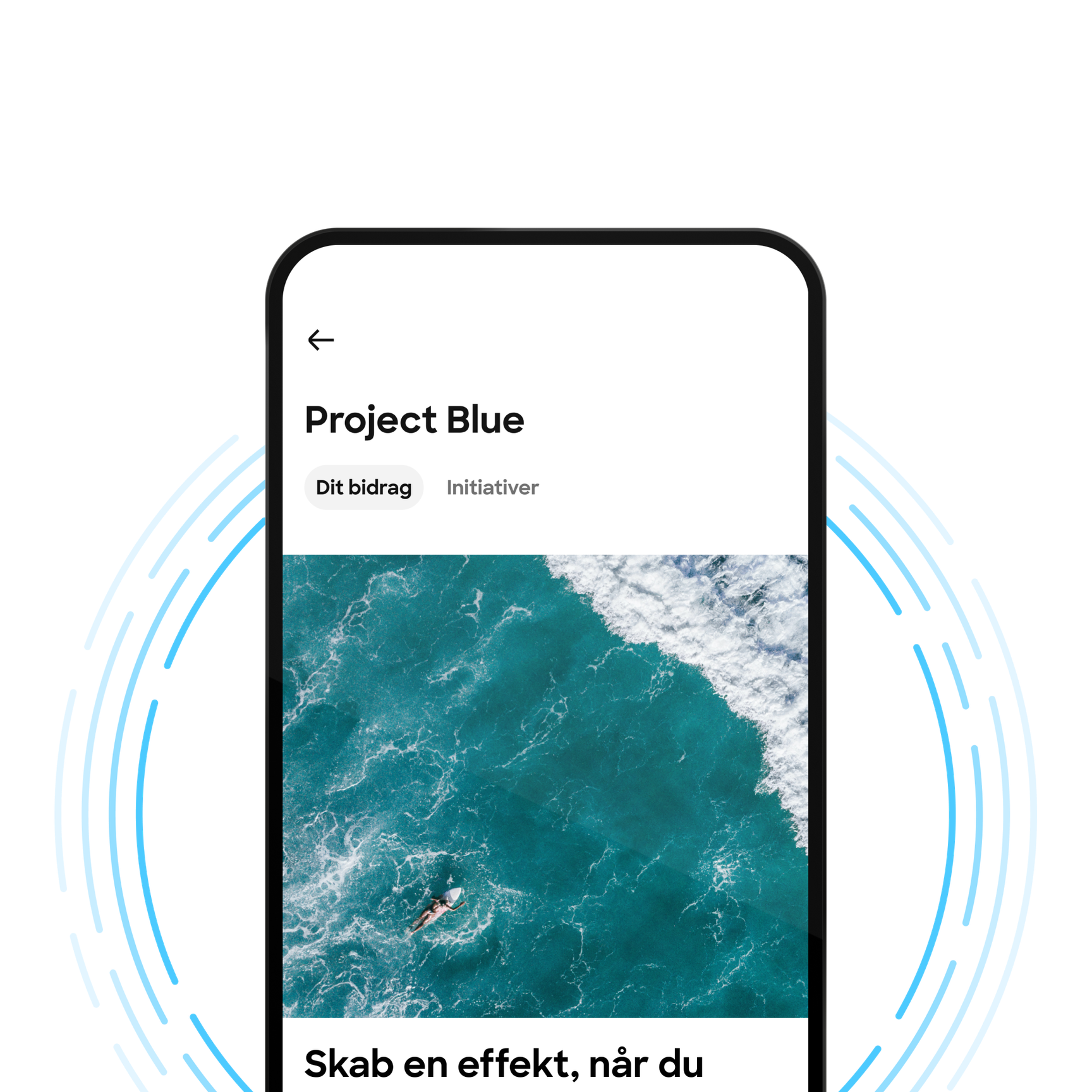 Et skærmbillede af en mobilapp for "Project Blue", som viser et luftfoto af en person, der svømmer i havet, og faner for "Your contribution" og "Initiatives".