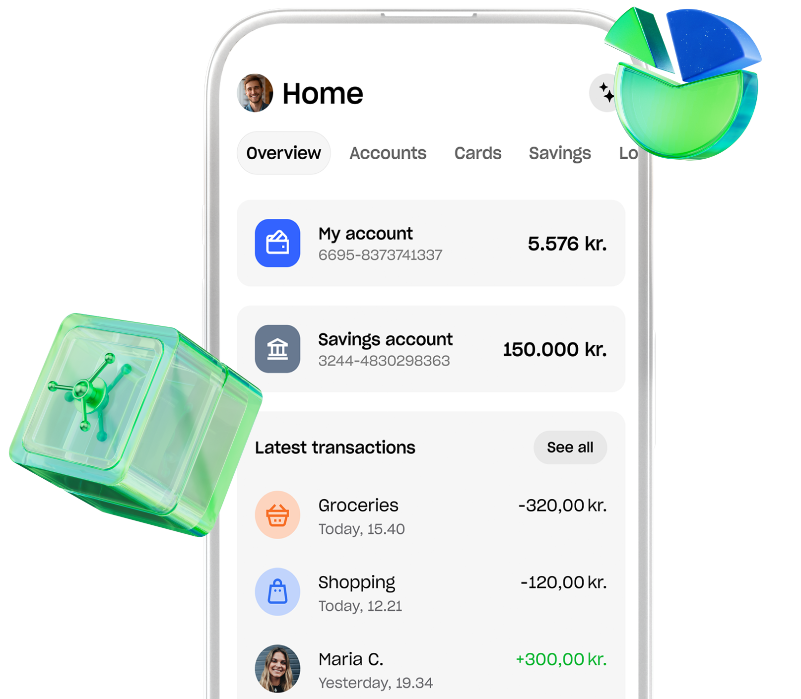 Skjermbilde av en mobilbanks startskjerm. Den viser en oversikt over kontoer og en liste over nylige transaksjoner, inkludert matvarer og shopping.