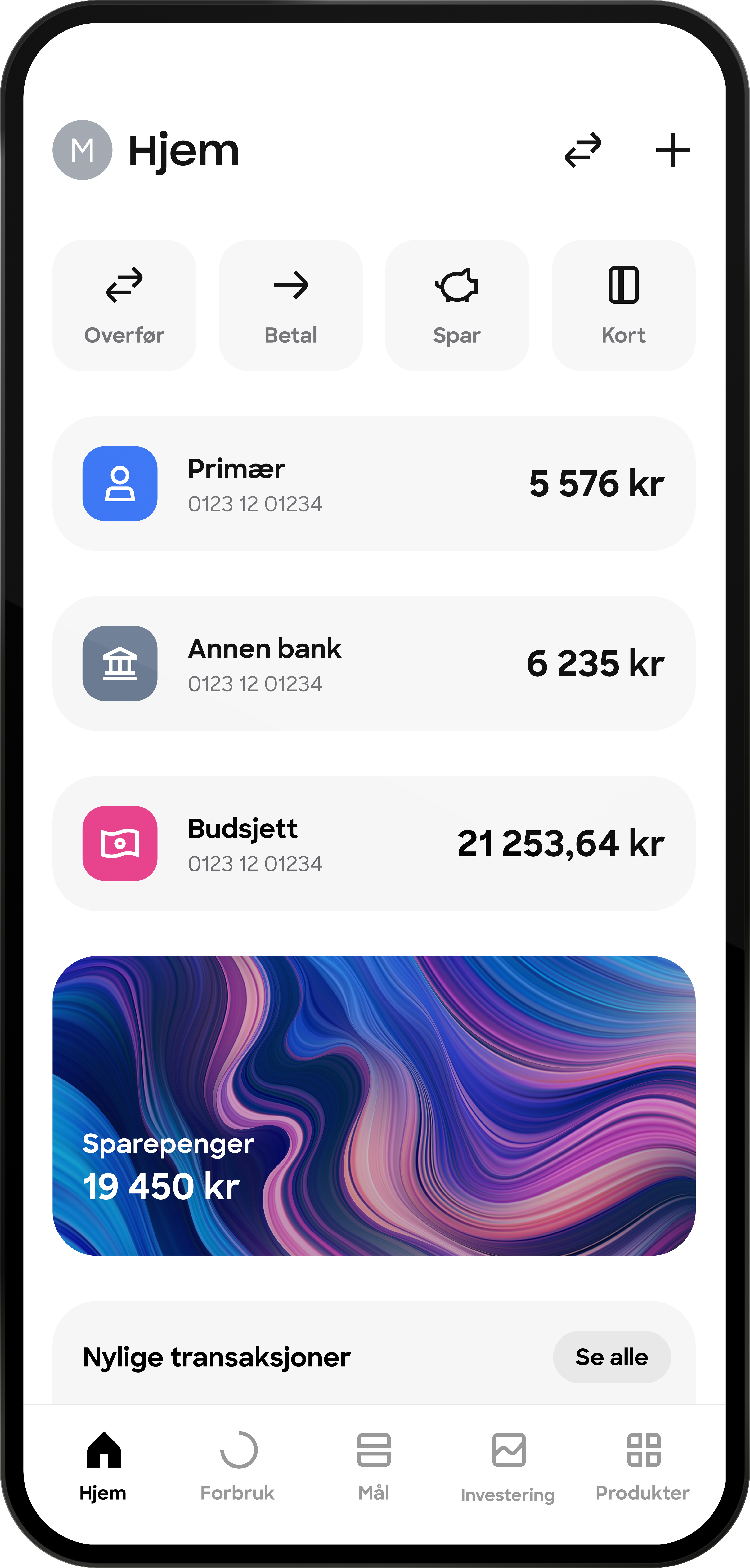 Skjermbilde av hovedsiden i en mobilbank-app som viser en oversikt over ulike kontoer og saldoer, inkludert "Primær", "Budsjett" og "Sparepenger".