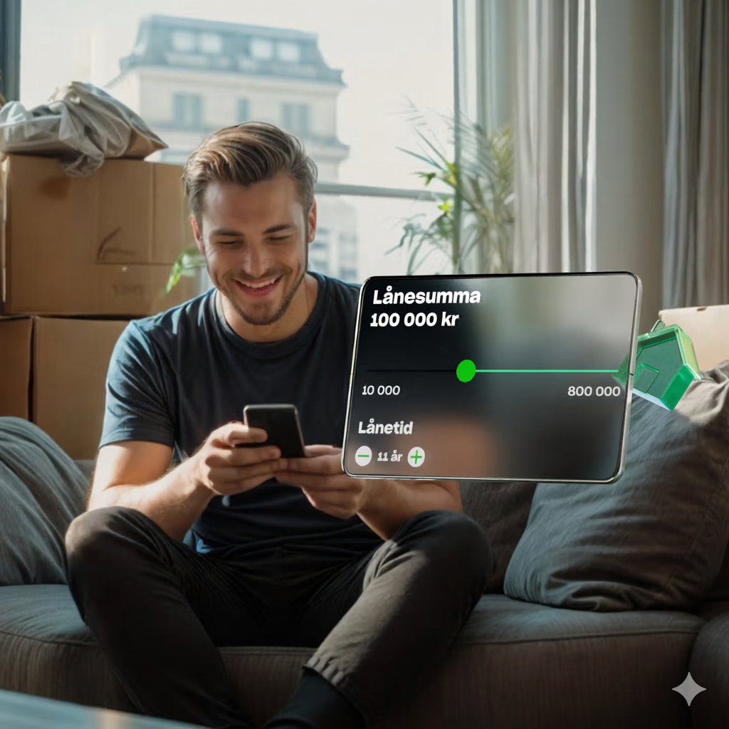 En man sitter i en soffa omgiven av flyttkartonger och ler medan han använder sin telefon. Ett futuristiskt låneansökningsgränssnitt svävar framför honom och visar ett lån på 100 000 kr.