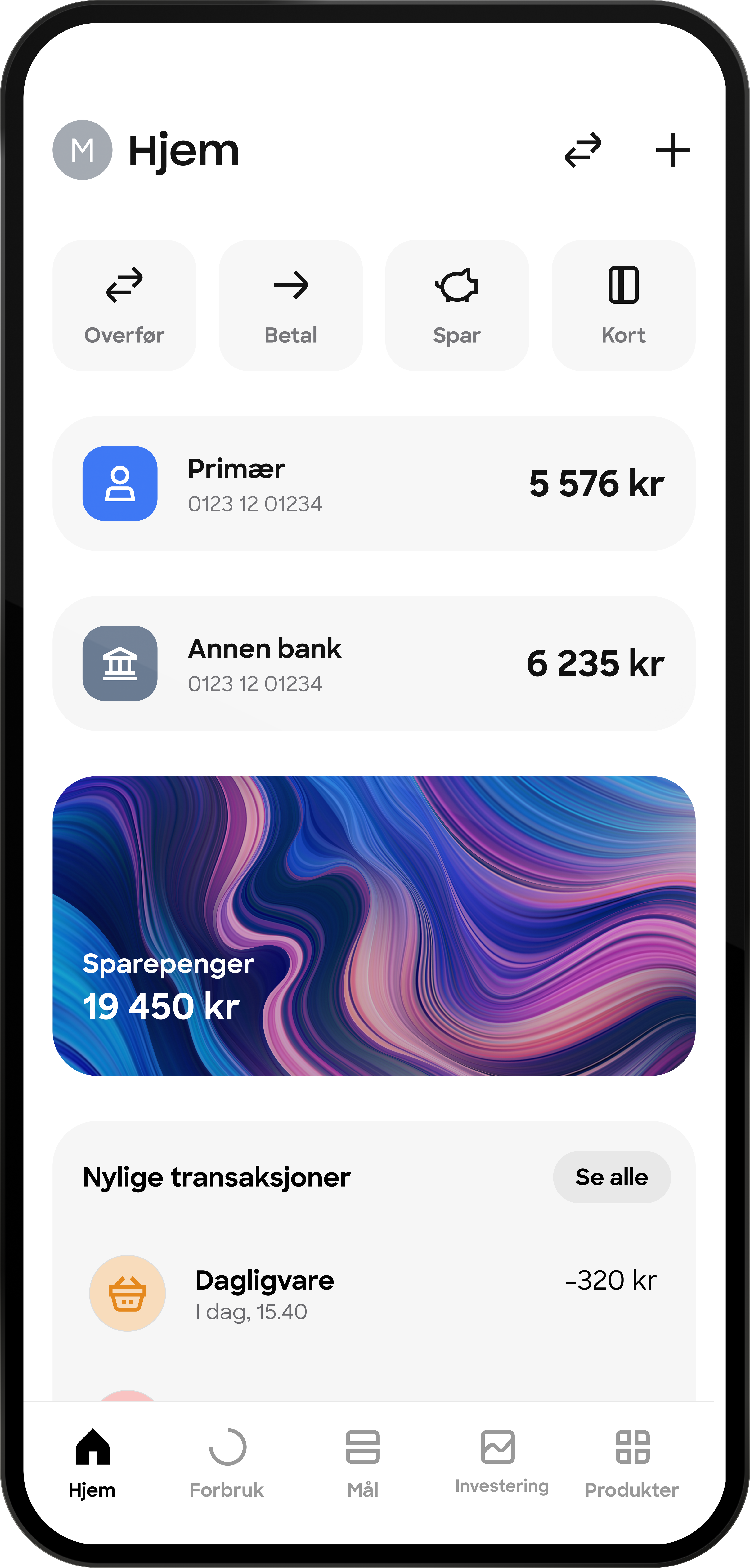 Skjermbilde av hovedsiden i en mobilbank-app som viser en oversikt over ulike kontoer og saldoer, inkludert "Primær", og "Sparepenger".