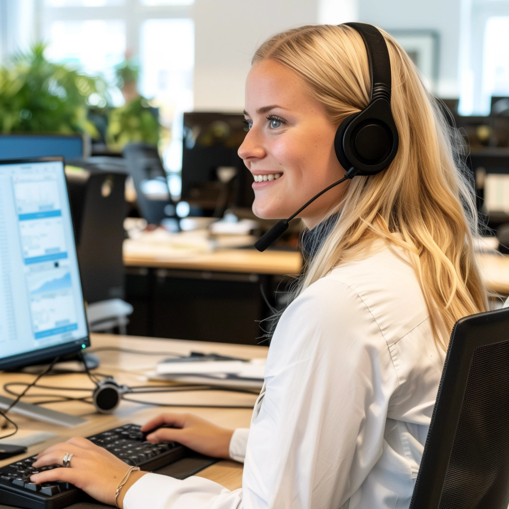 En venlig kvindelig kundeservicemedarbejder med et headset smiler, mens hun arbejder ved sin computer på et lyst, moderne kontor.