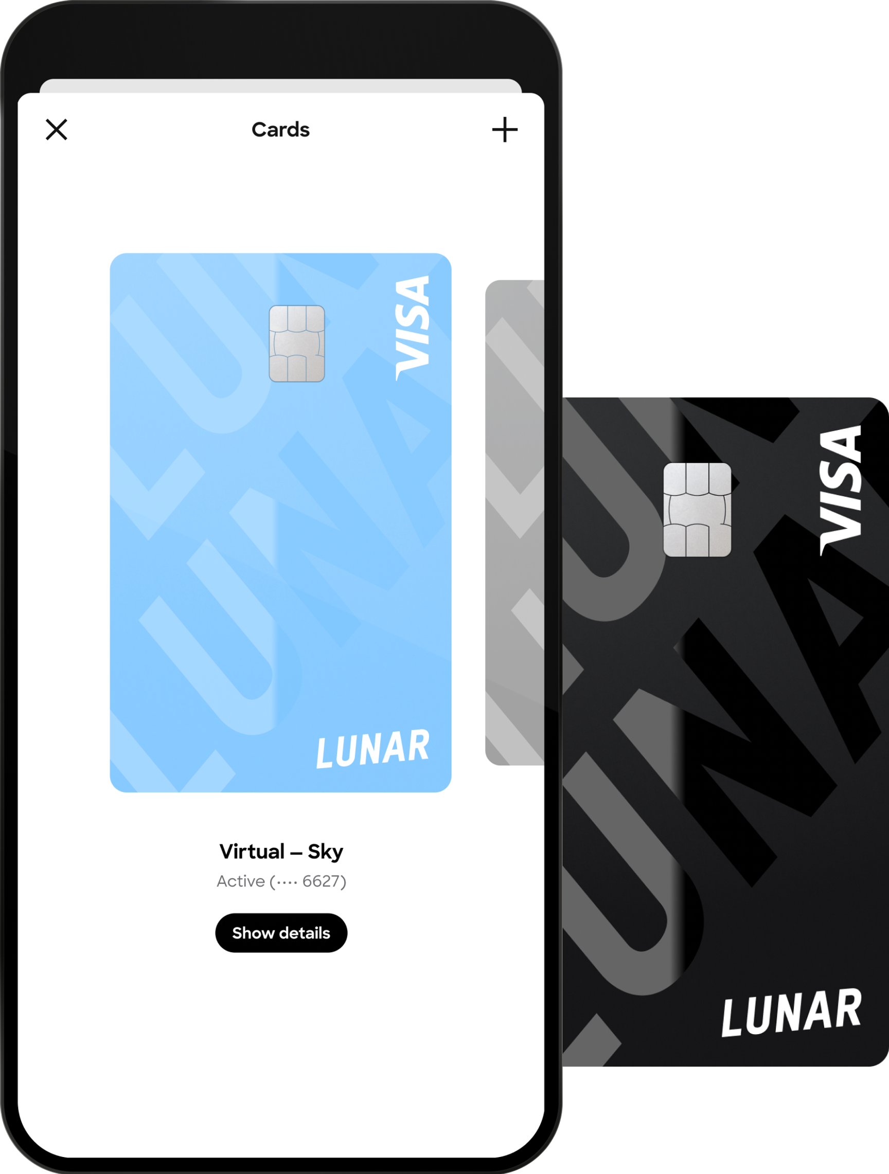A mobile phone displays a digital black Lunar Visa card, while a physical light blue Lunar card is shown next to it, illustrating both virtual and physical card options.