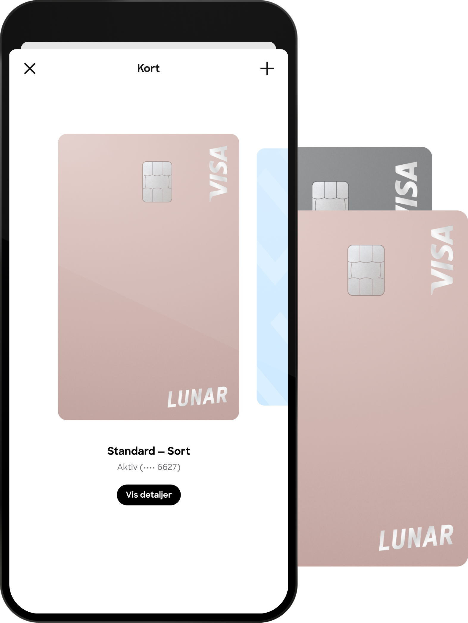 A mobile phone displaying a digital pink Lunar card, shown next to a fan of three physical payment cards in pink, blue, and grey.