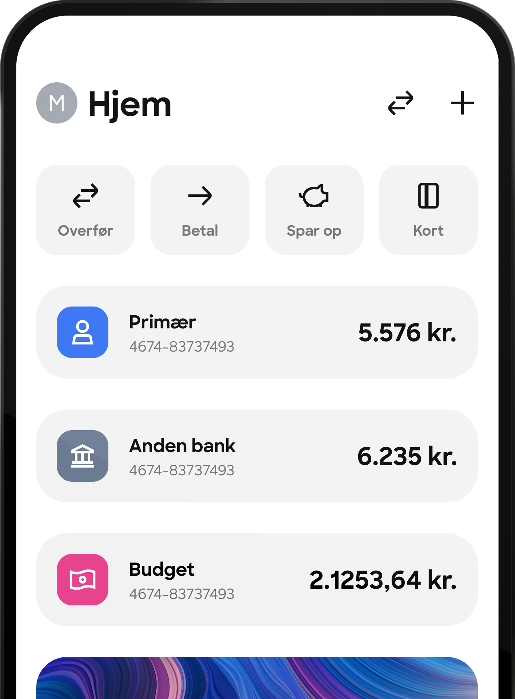 A screenshot of a mobile banking app's home screen in Danish. The screen, titled "Hjem," shows an overview of accounts like "Primær" and "Budget" with their balances.