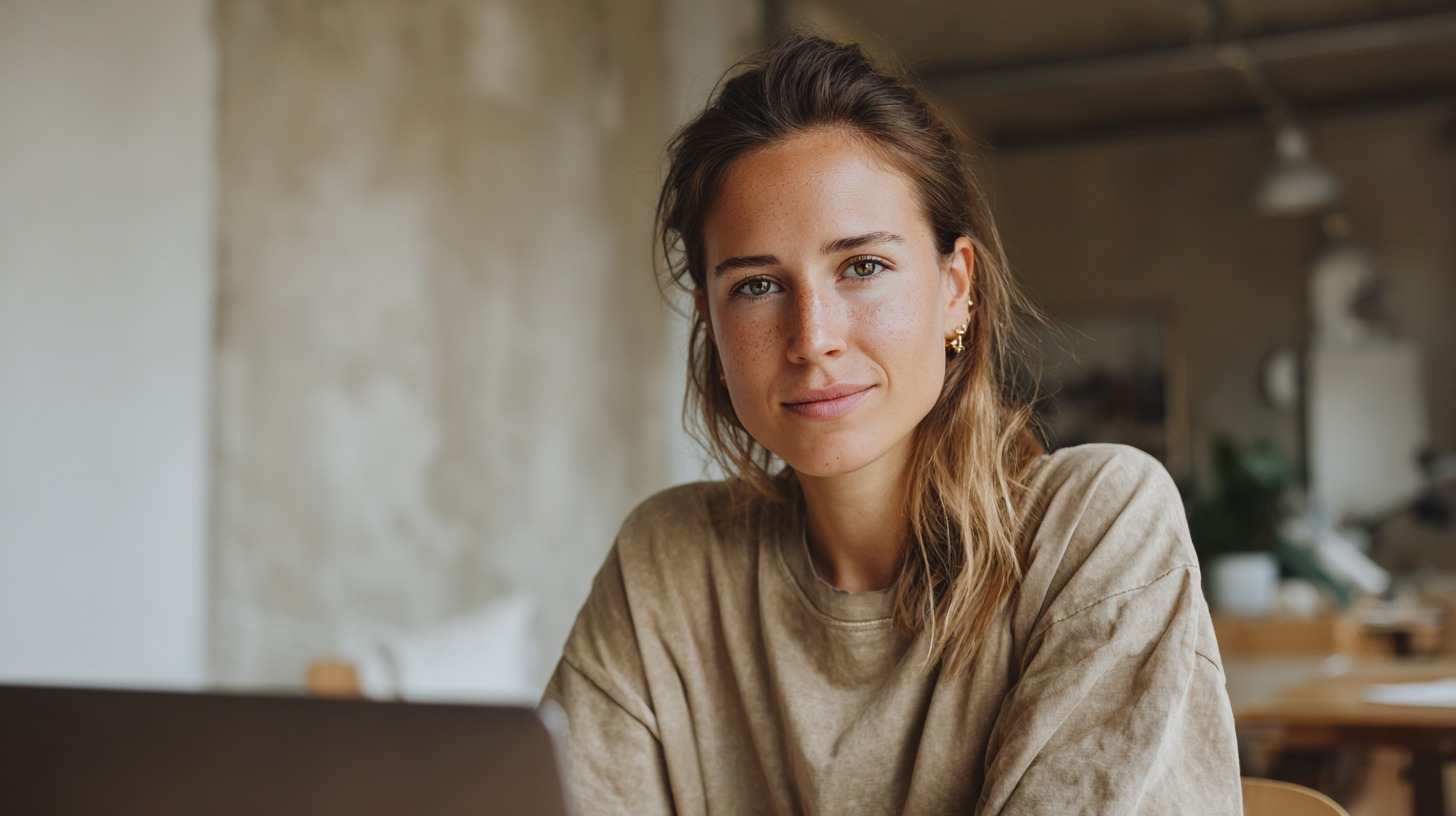 Woman sitting in front of laptop