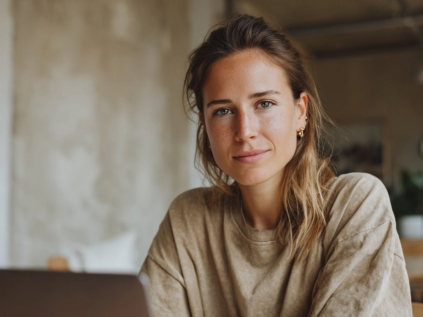Woman sitting in front of laptop