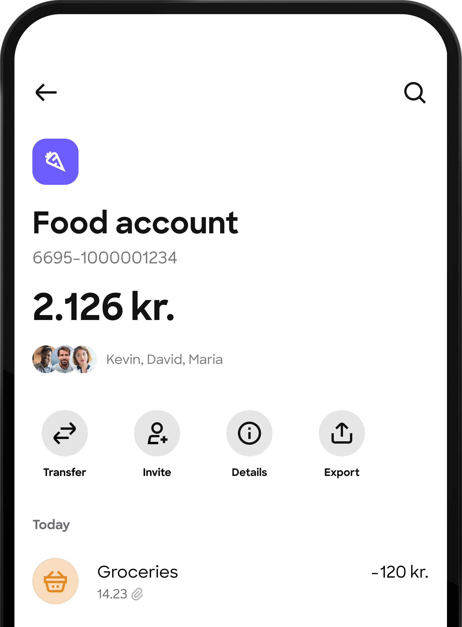 Screenshot of a shared "Food account" screen in a mobile app. It shows the balance, the members sharing the account, and a recent grocery transaction.
