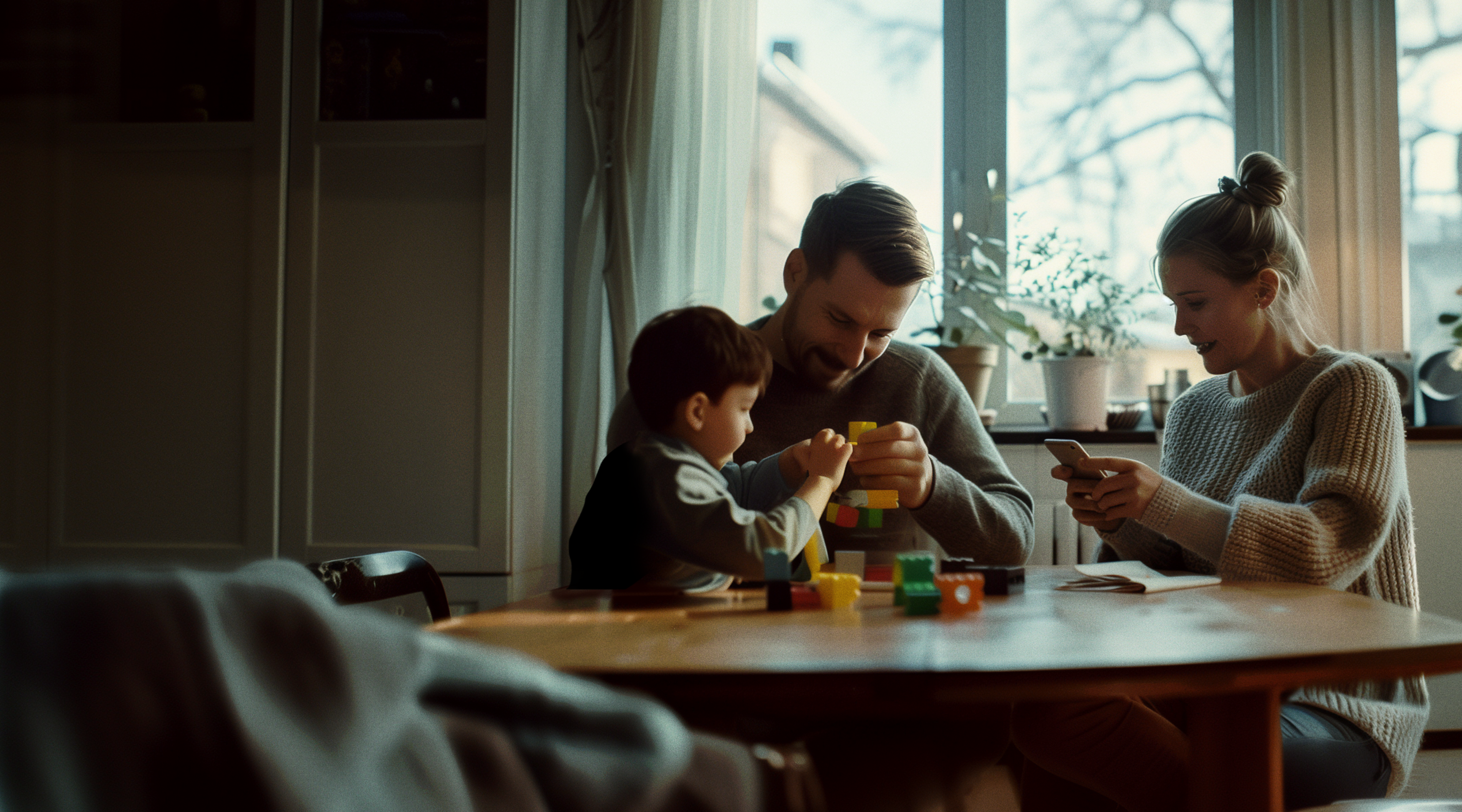 En familie sitter sammen ved et trebord i et koselig, dagslyst rom. En far og hans lille sønn leker sammen med fargerike byggeklosser, mens moren sitter ved siden av og ser på telefonen sin.
