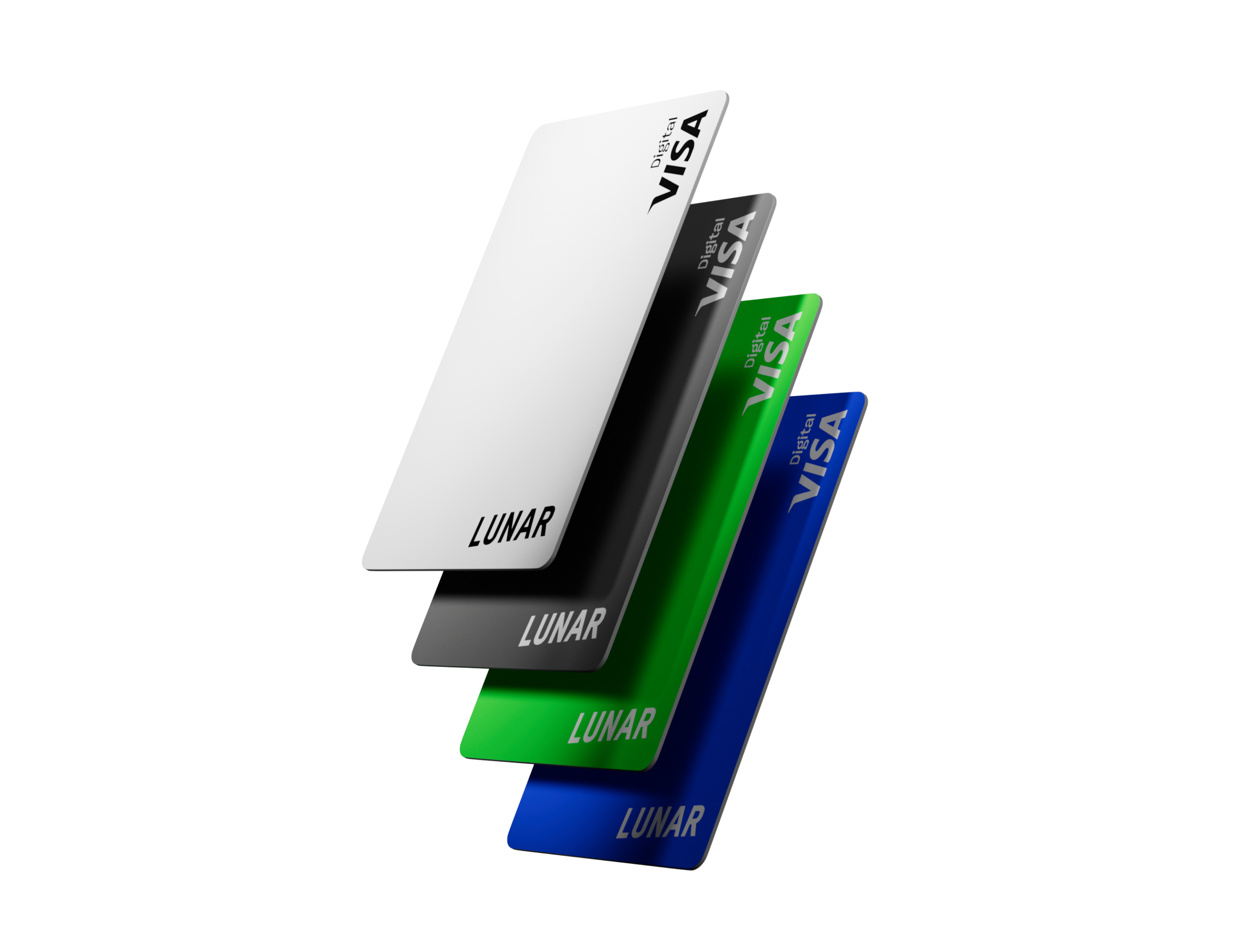 En stak af fire farverige Lunar Digital Visa-kort, vist i en vifte, i farverne hvid, sort, grøn og blå.