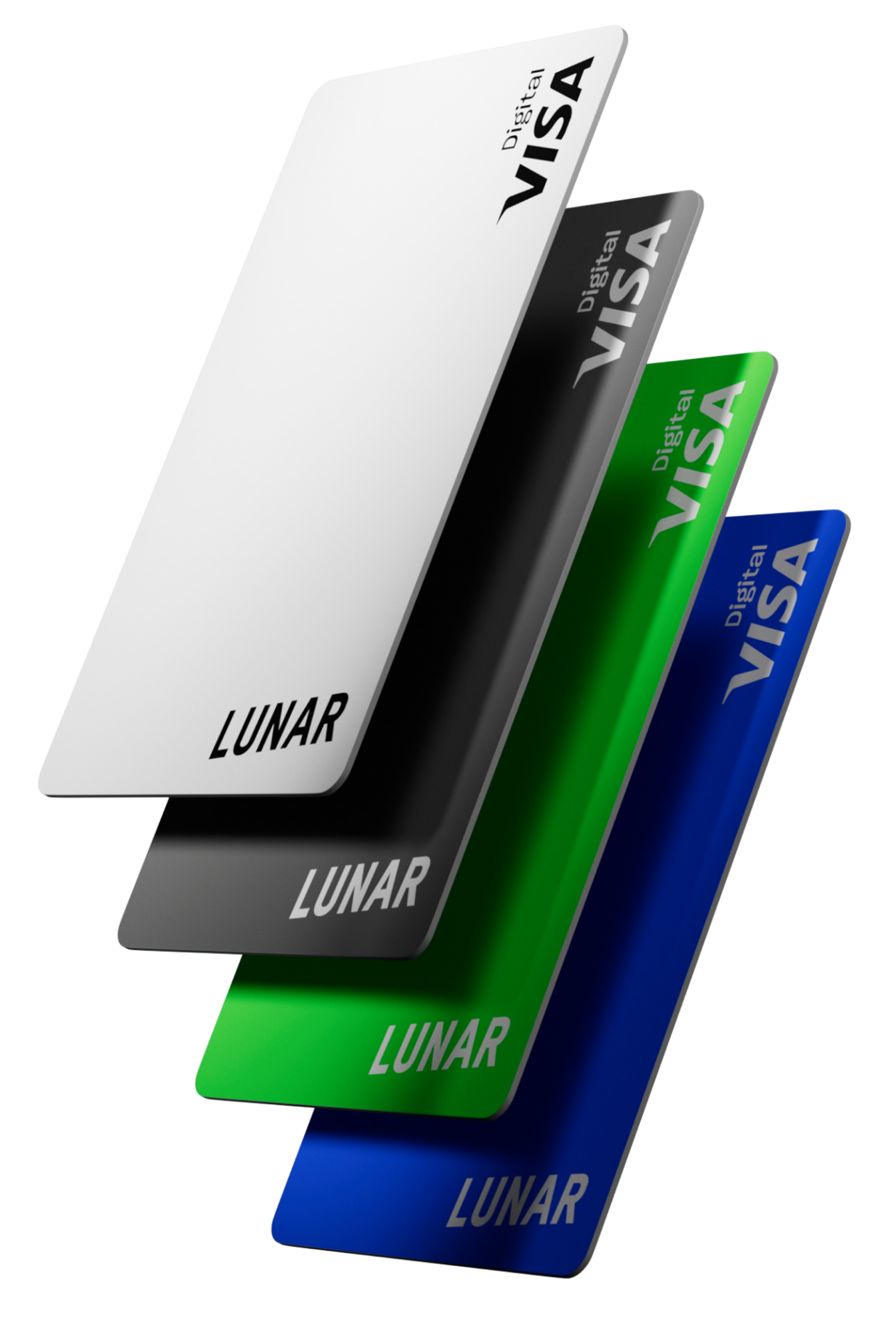 En stak af fire farverige Lunar Digital Visa-kort, vist i en vifte, i farverne hvid, sort, grøn og blå.