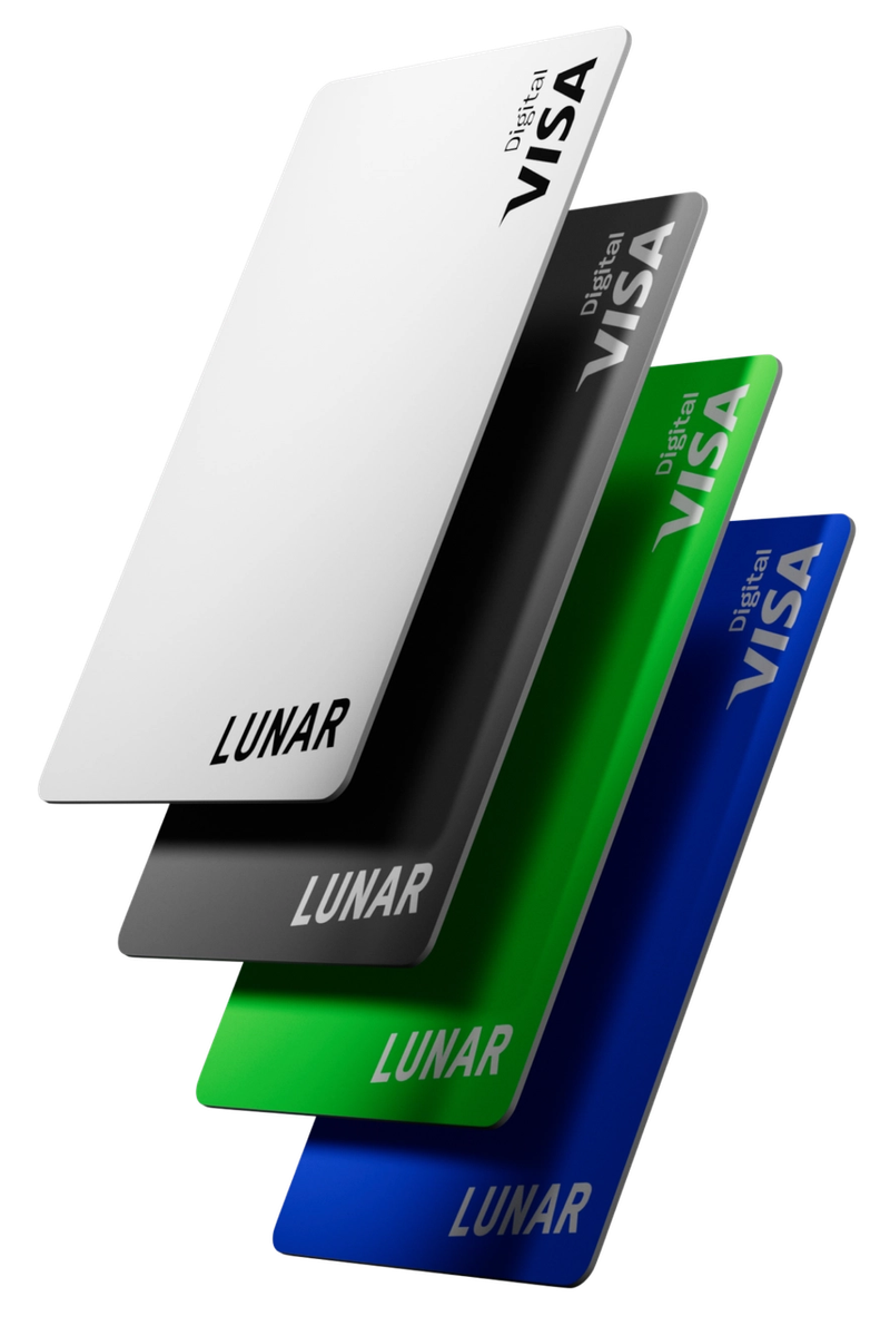 A stack of four colorful Lunar Digital Visa cards, fanned out to show them in white, black, green, and blue.