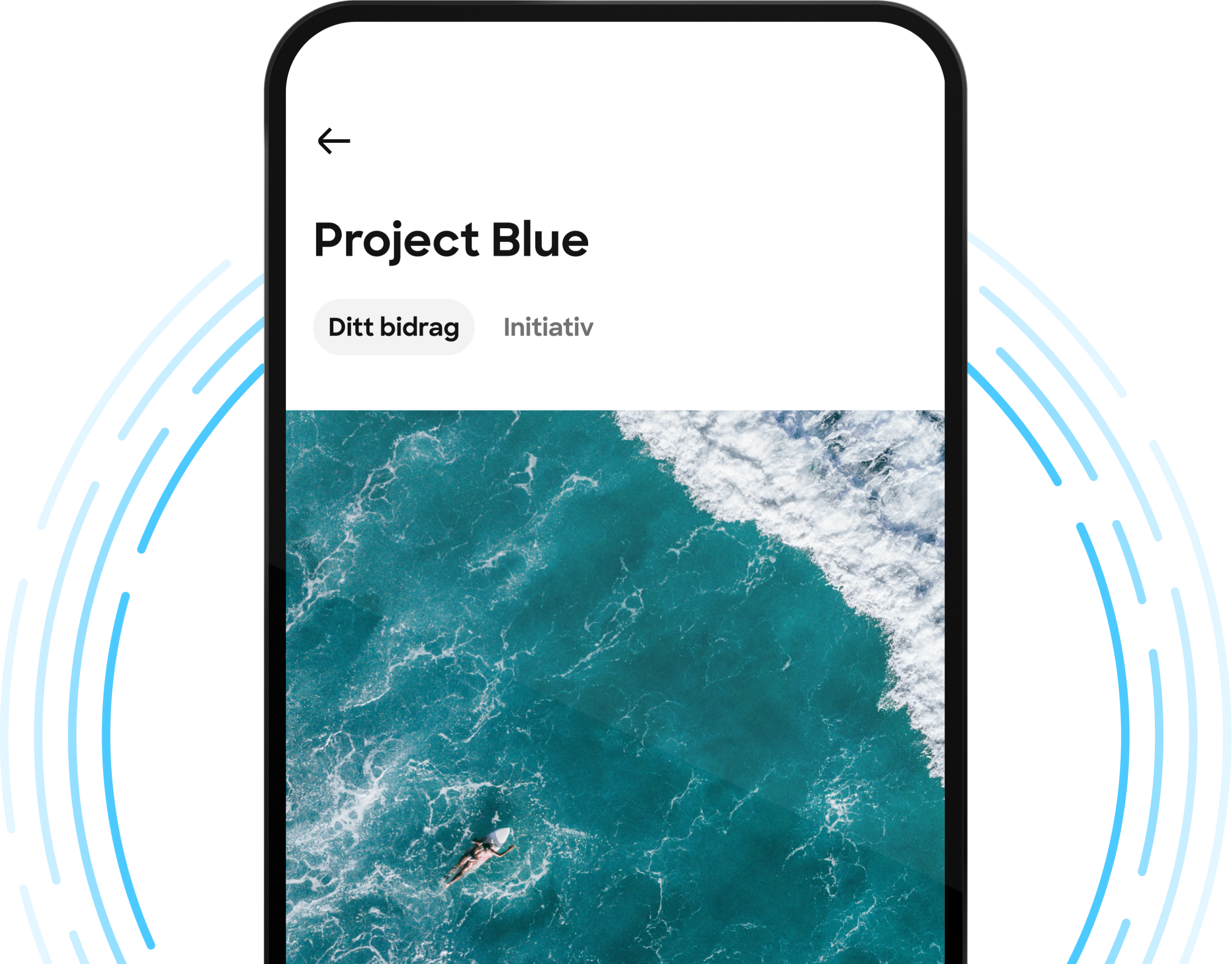 En skärmdump av en mobilapp för "Project Blue", som visar ett flygfoto av en person som simmar i havet och flikar för "Your contribution" och "Initiatives".