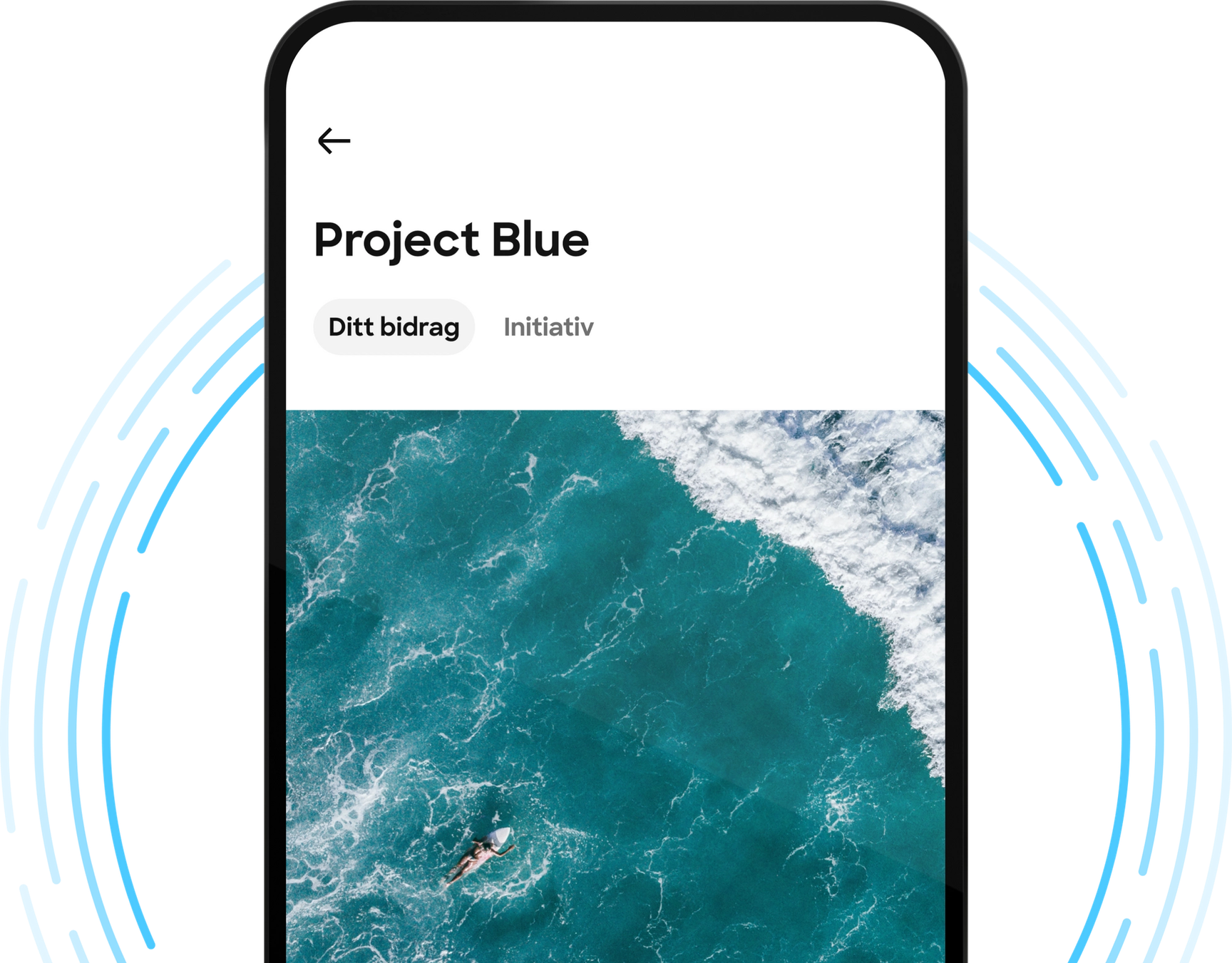 En skärmdump av en mobilapp för "Project Blue", som visar ett flygfoto av en person som simmar i havet och flikar för "Your contribution" och "Initiatives".