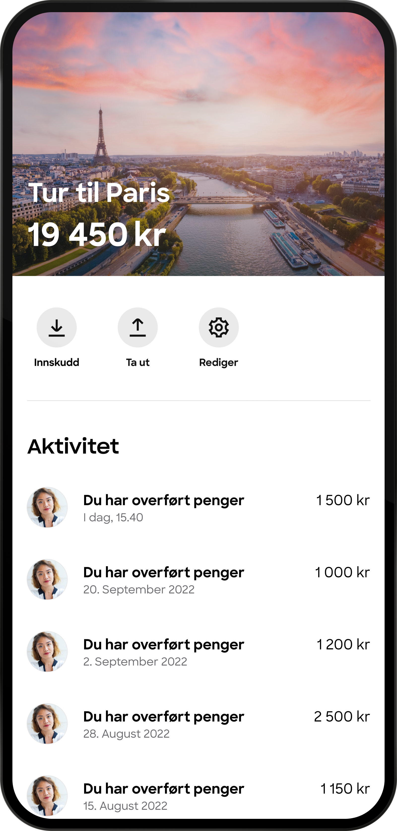 Skjermbilde av sparemål-funksjonen i en mobilbank. Det viser et mål kalt "Tur til Paris" med en saldo på 19 450 kr og en liste over de siste overføringene til målet.