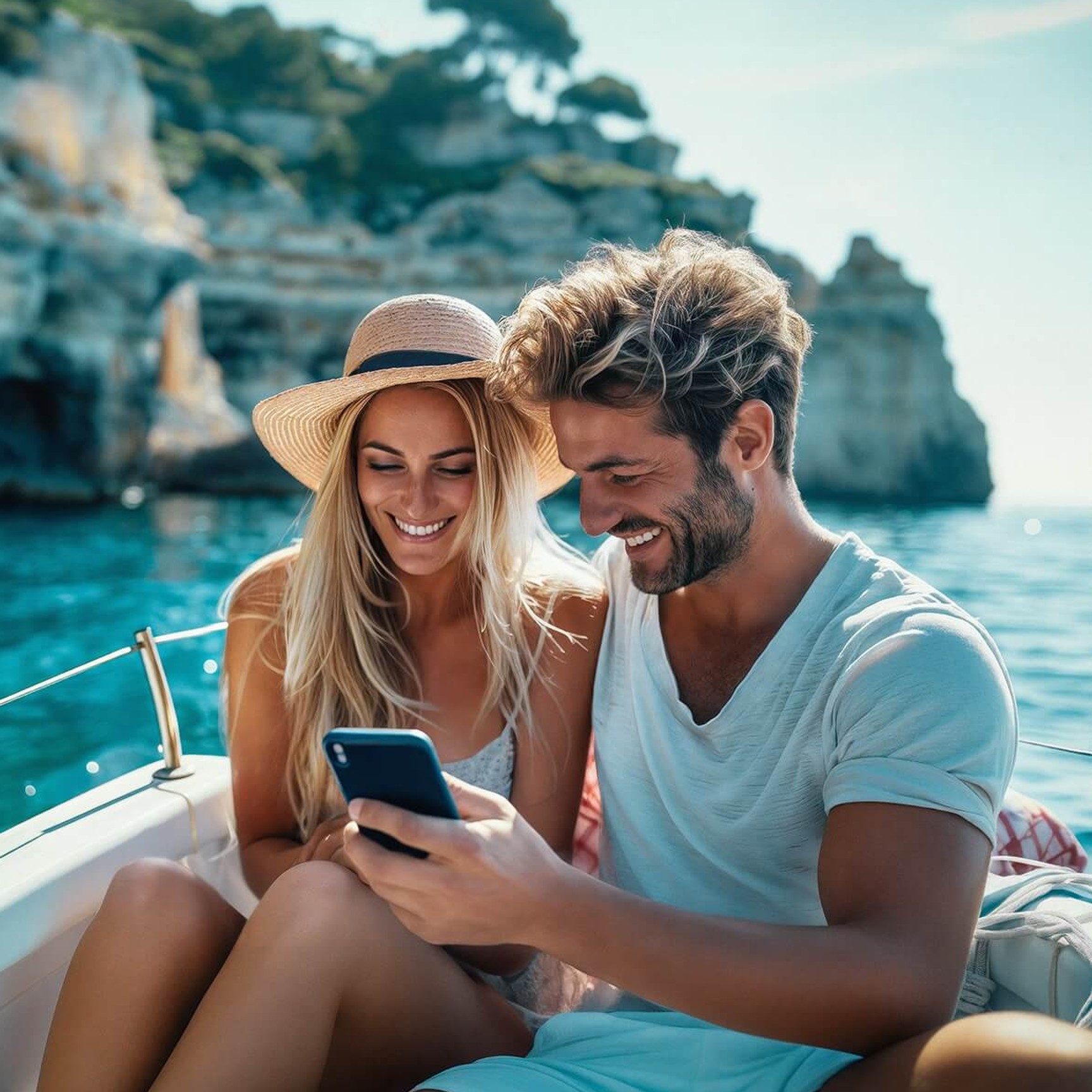 A happy couple on vacation sitting in a boat on a sunny day, smiling as they look at a smartphone together. The woman is wearing a straw hat, and there are cliffs and blue water in the background.
