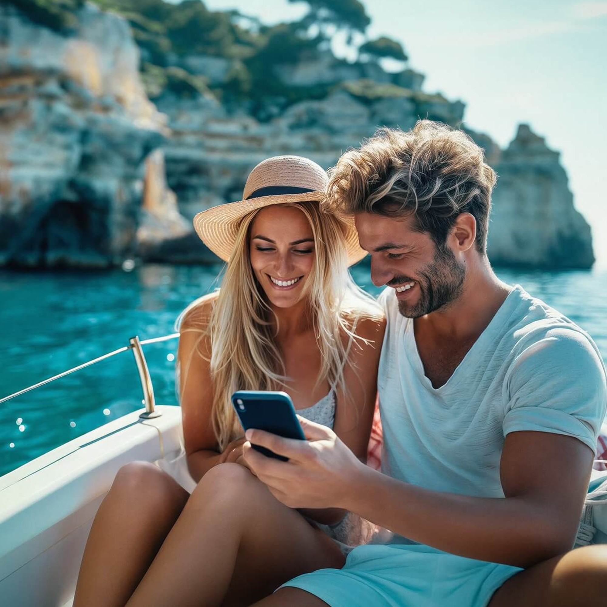 Et smilende par sidder i en båd på en solskinsdag og kigger sammen på en smartphone. Kvinden bærer en stråhat, og der er klipper og blåt vand i baggrunden.