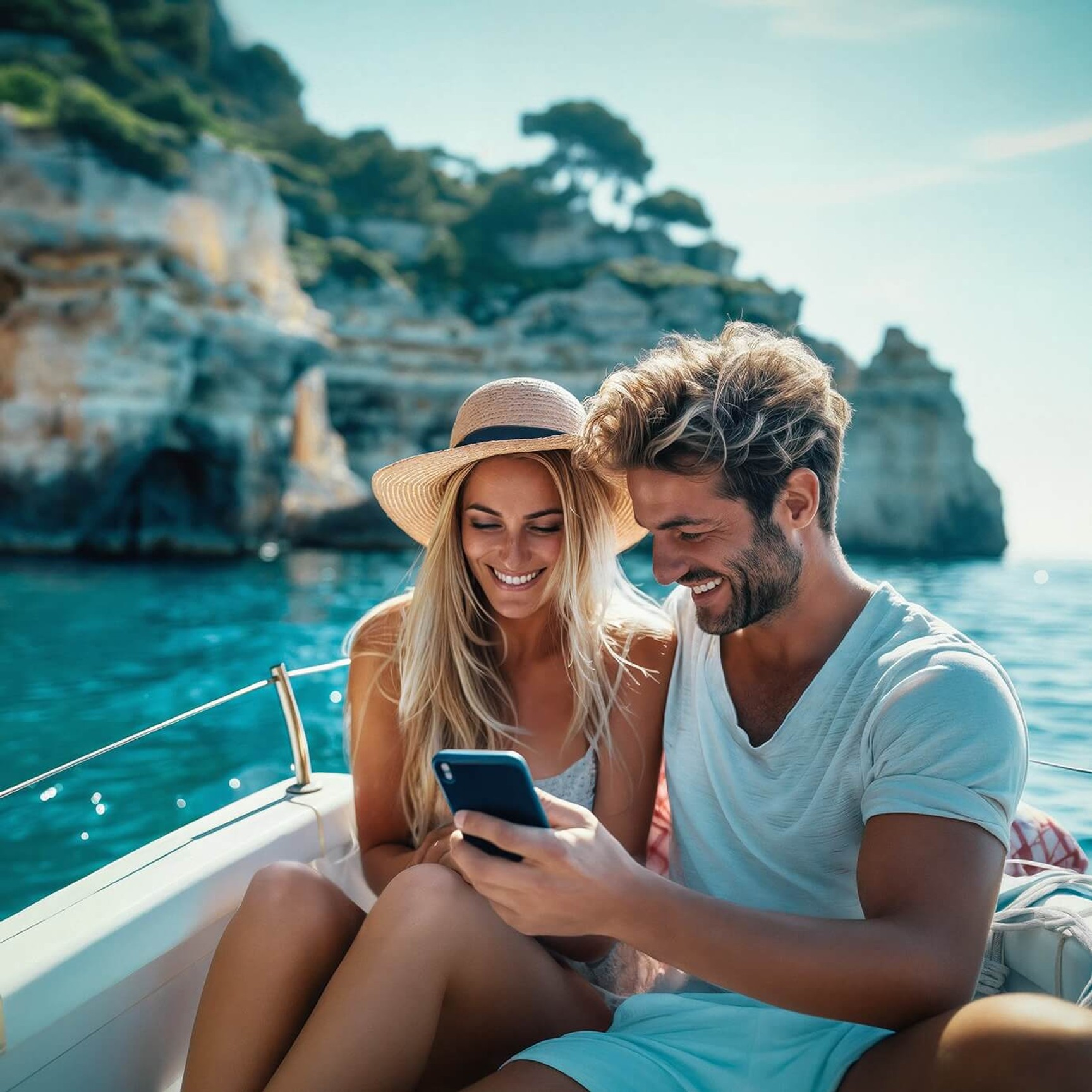 Et smilende par sidder i en båd på en solskinsdag og kigger sammen på en smartphone. Kvinden bærer en stråhat, og der er klipper og blåt vand i baggrunden.