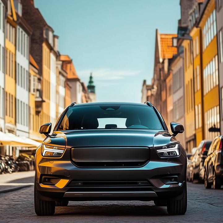 En moderne, mørk SUV er parkeret på en brostensbelagt gade, set forfra, med farverige europæiske byhuse i baggrunden.