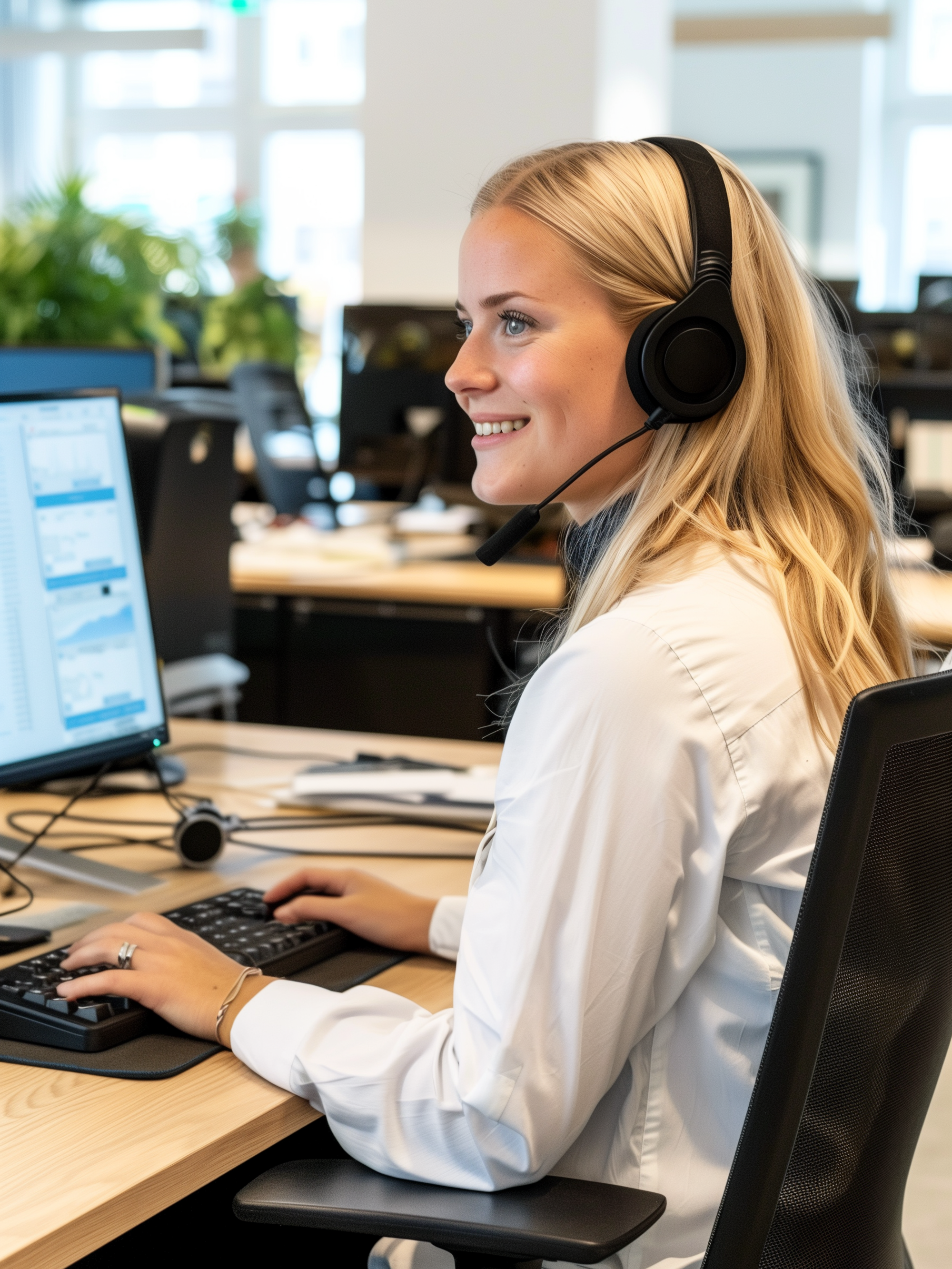 En venlig kvindelig kundeservicemedarbejder med et headset smiler, mens hun arbejder ved sin computer på et lyst, moderne kontor.