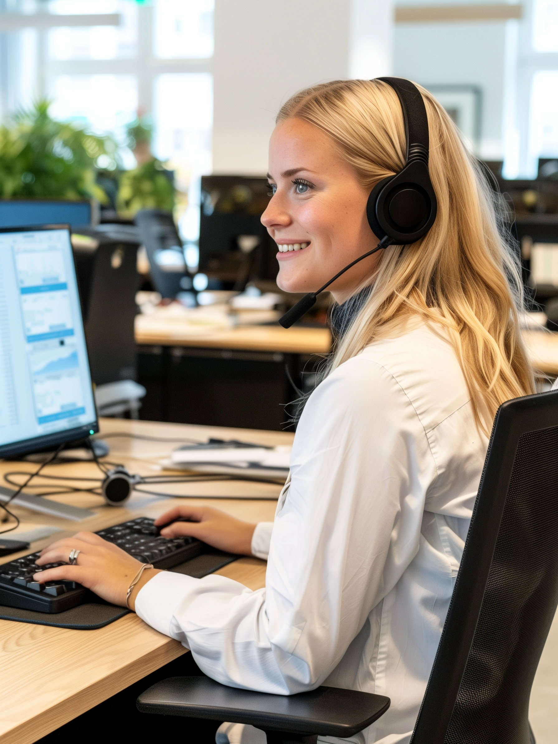 A friendly female customer support agent with a headset is smiling while working at her computer in a bright, modern office.