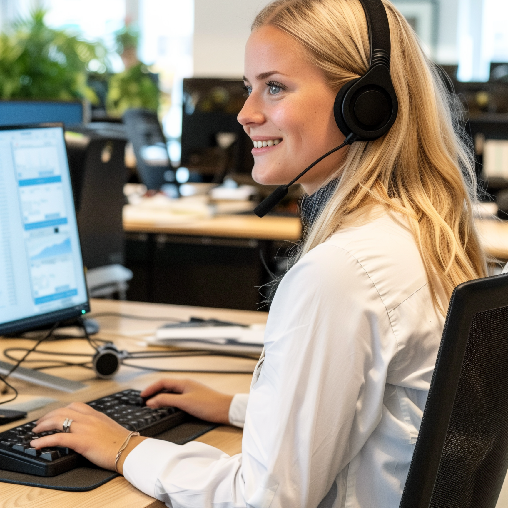 En venlig kvindelig kundeservicemedarbejder med et headset smiler, mens hun arbejder ved sin computer på et lyst, moderne kontor.