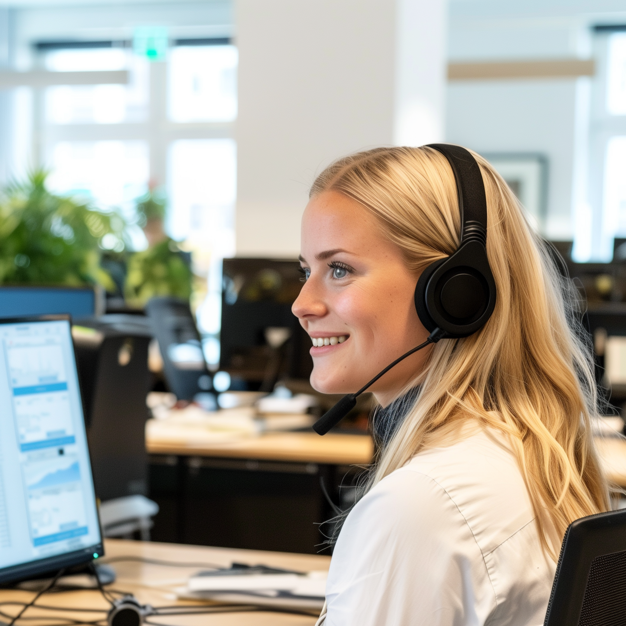 A friendly female customer support agent with a headset is smiling while working at her computer in a bright, modern office.