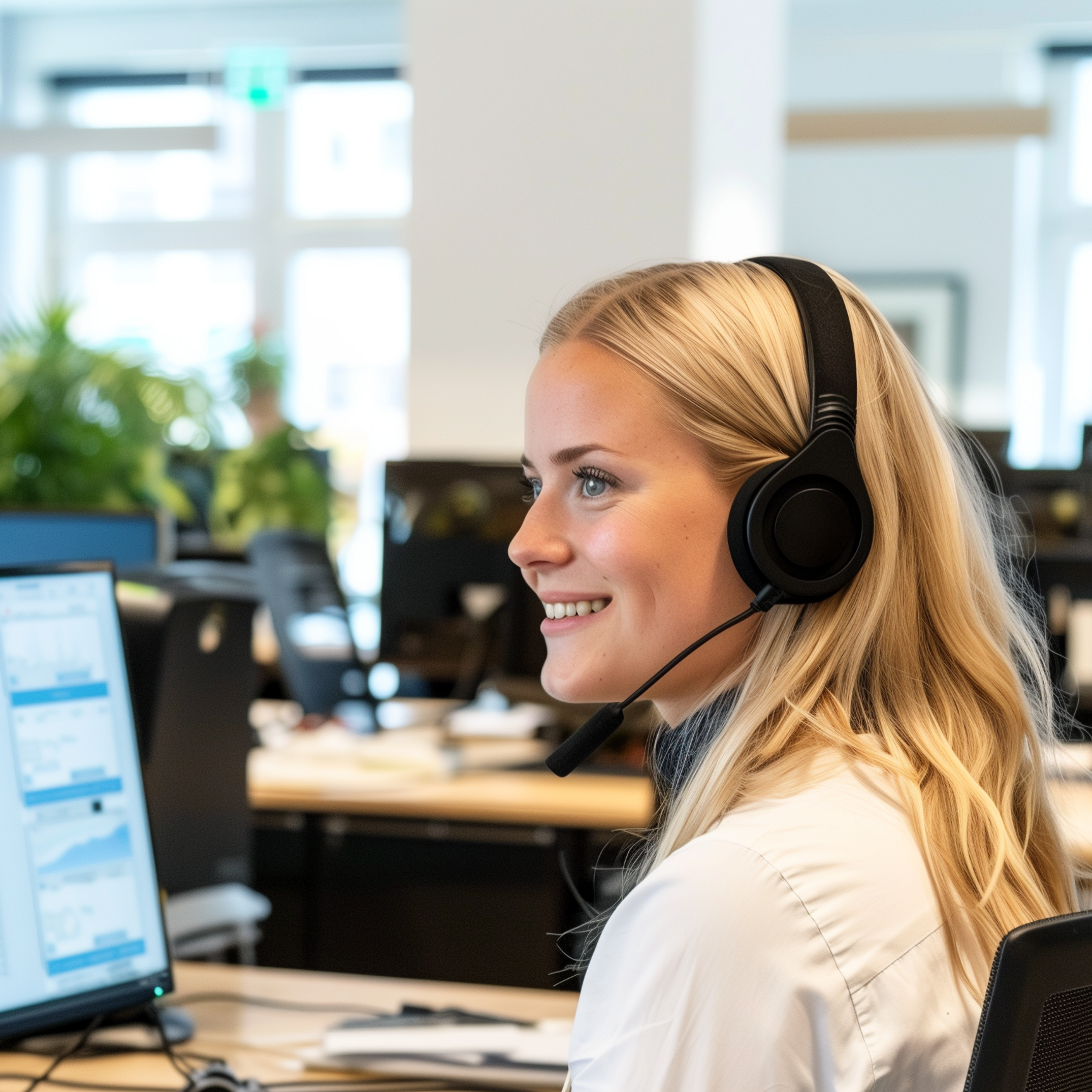 En vennlig kvinnelig kundeservicemedarbeider med et headset smiler mens hun jobber på datamaskinen sin i et lyst, moderne kontor.