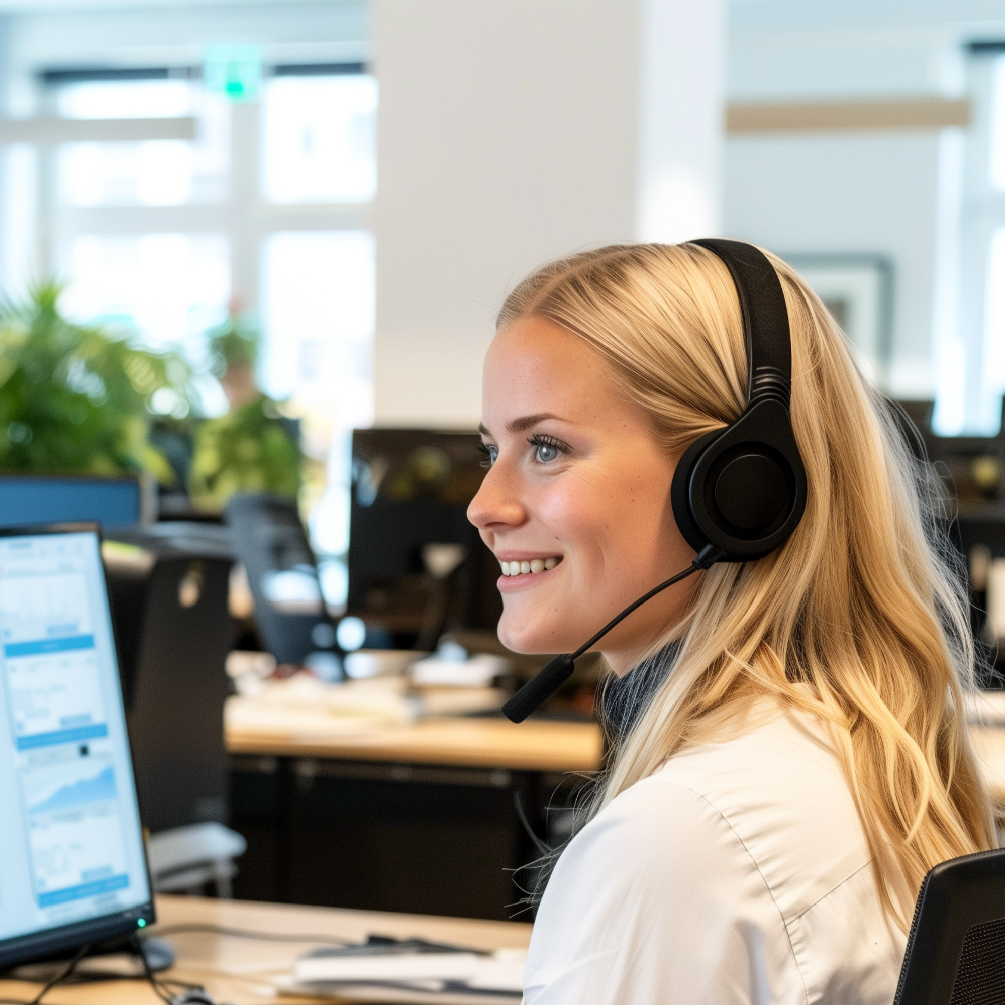 En vänlig kvinnlig kundtjänstmedarbetare med headset ler medan hon arbetar vid sin dator på ett ljust, modernt kontor.