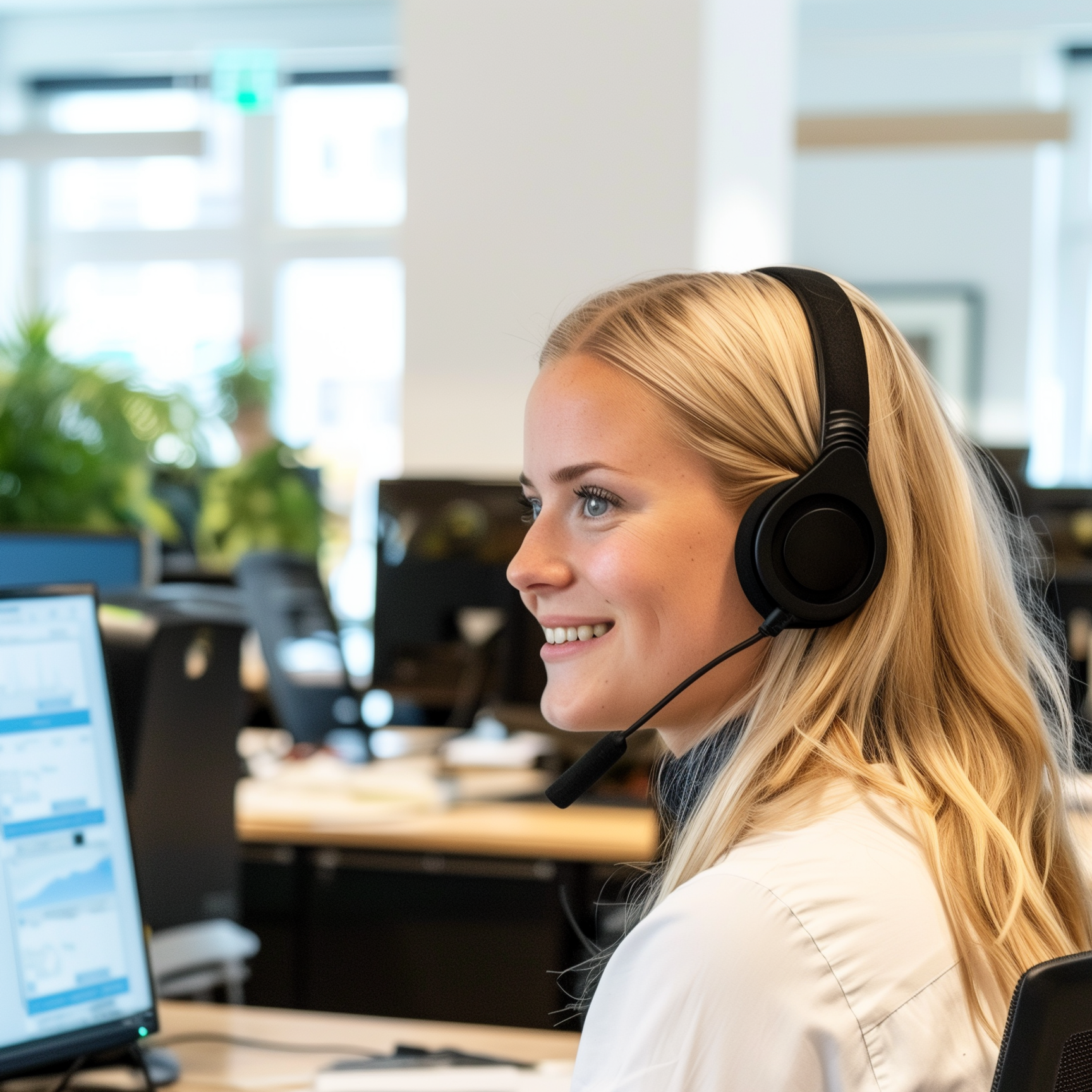En venlig kvindelig kundeservicemedarbejder med et headset smiler, mens hun arbejder ved sin computer på et lyst, moderne kontor.