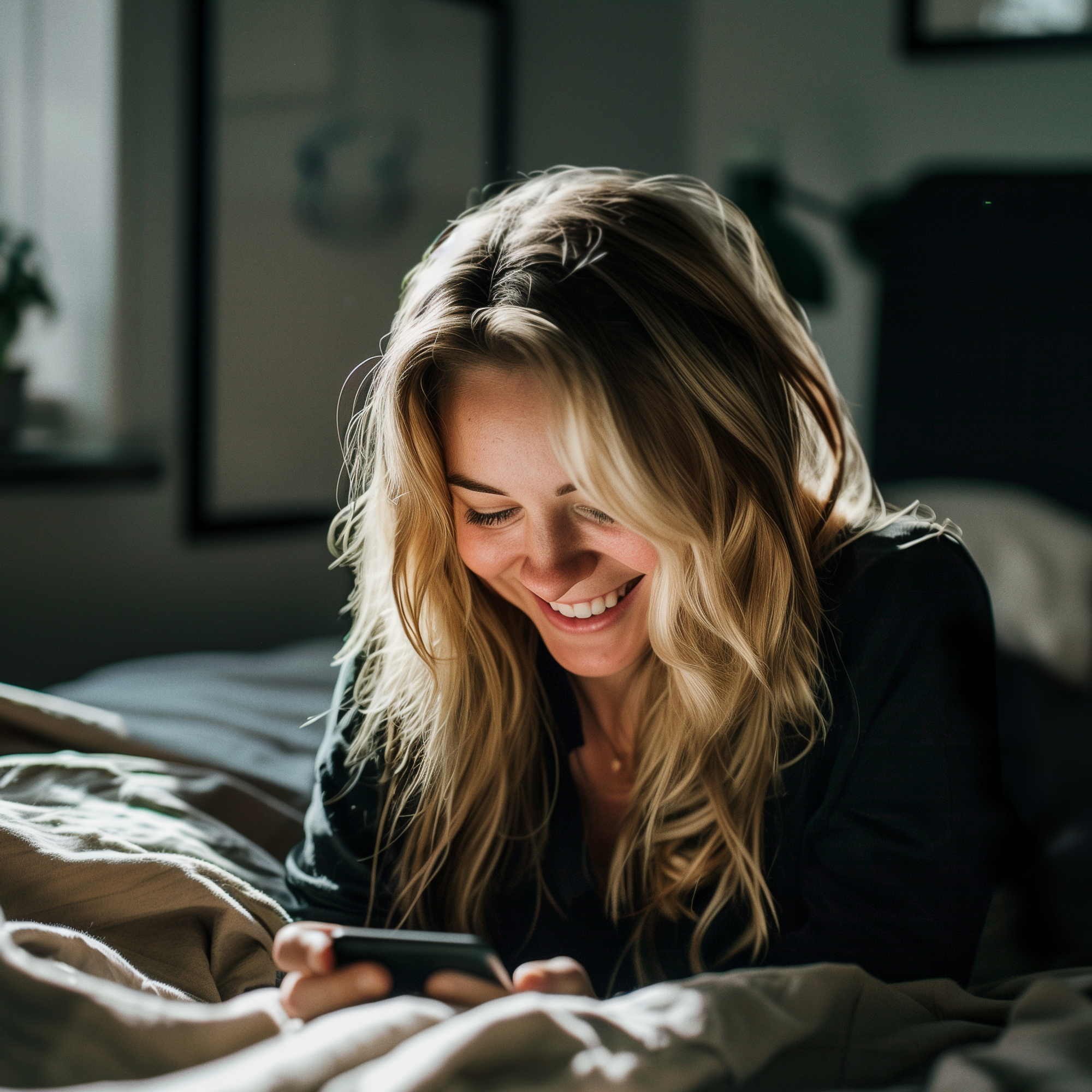 En smilende kvinne med blondt hår ligger på en seng og ser ned på smarttelefonen sin i et mykt opplyst, koselig rom.
